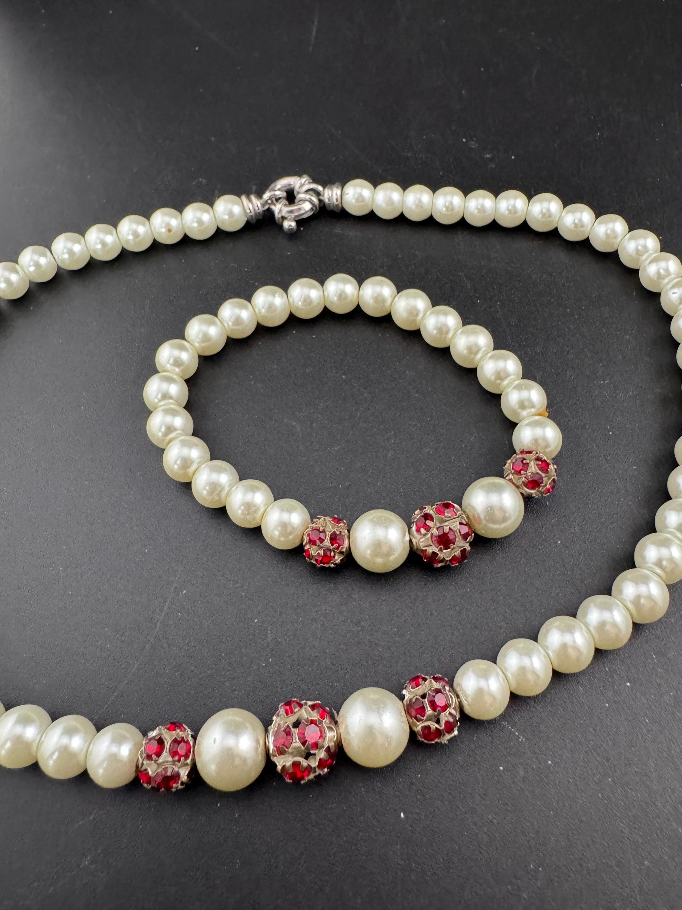 Vintage white glass pearl necklace and matching bracelet jewellery set with ruby rhinestone crystal ball beads