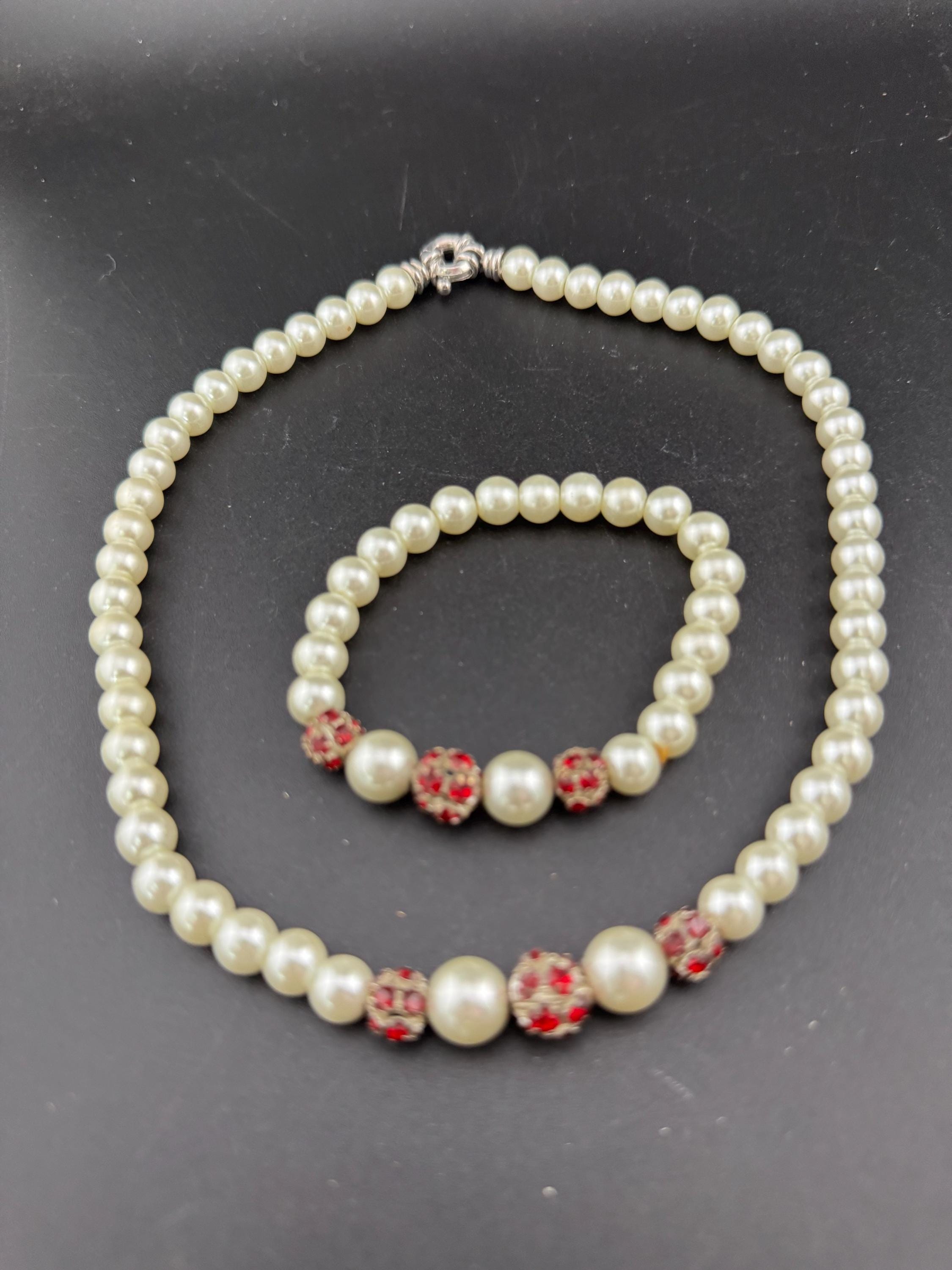 Vintage white glass pearl necklace and matching bracelet jewellery set with ruby rhinestone crystal ball beads