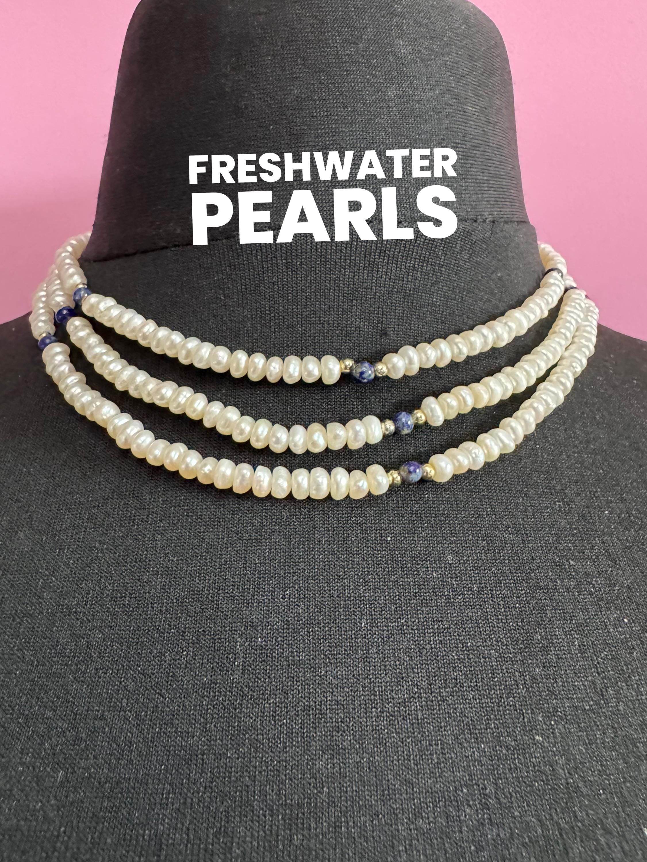 Vintage 3 row natural real freshwater Pearl blue gemstone beaded Multistrand choker necklace 44cm