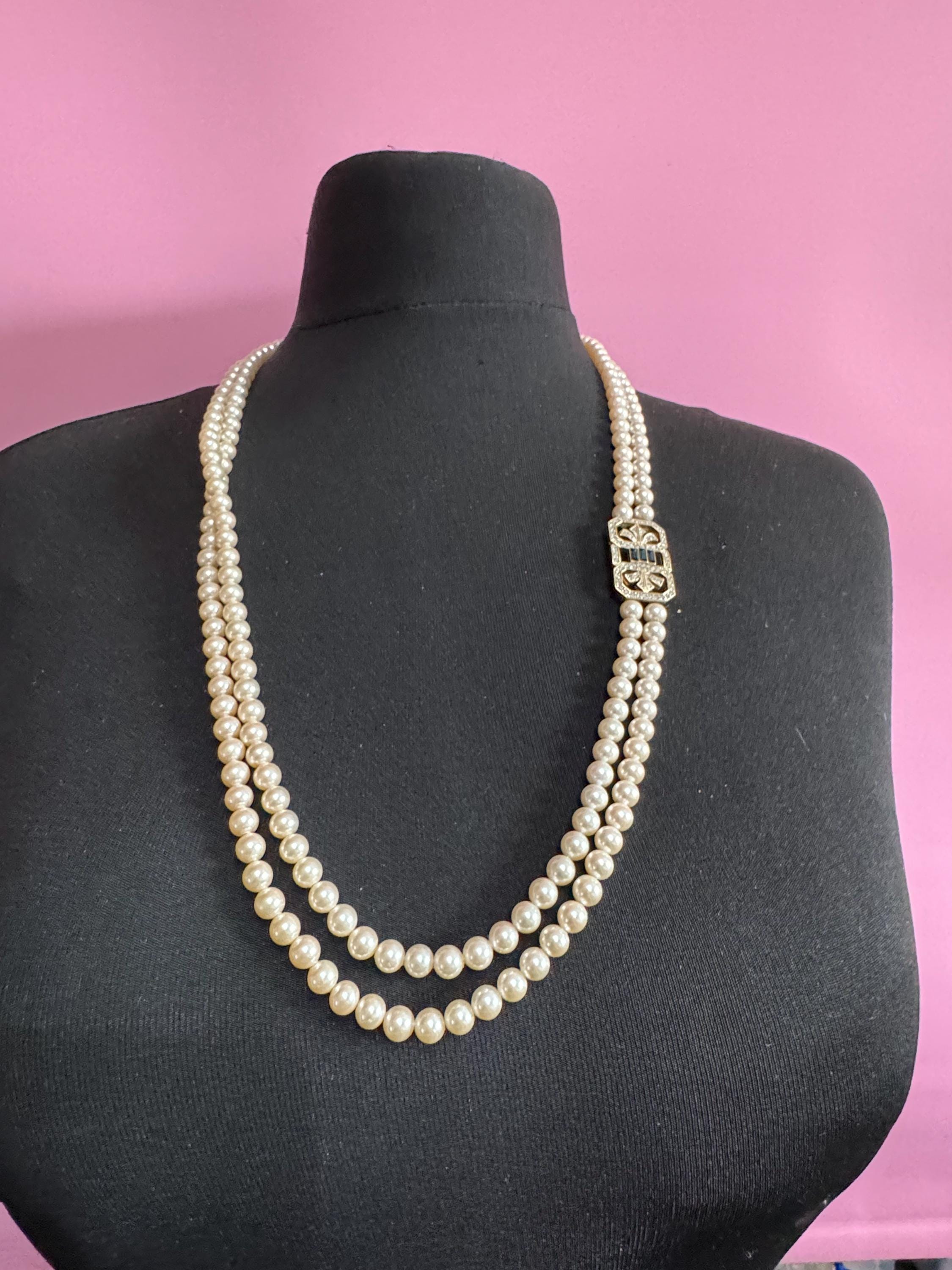 High end vintage 2 row double strand glass Pearl necklace cream 75cm gold tone ornate sapphire diamanté clasp