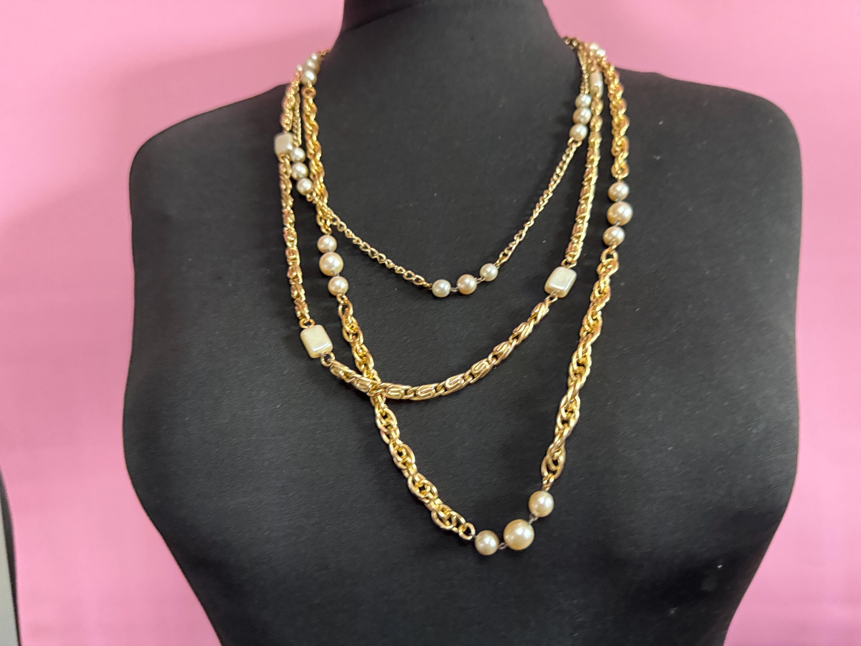 Vintage gold tone chain 3 row multi strand cream glass pearl beaded choker waterfall layering necklace