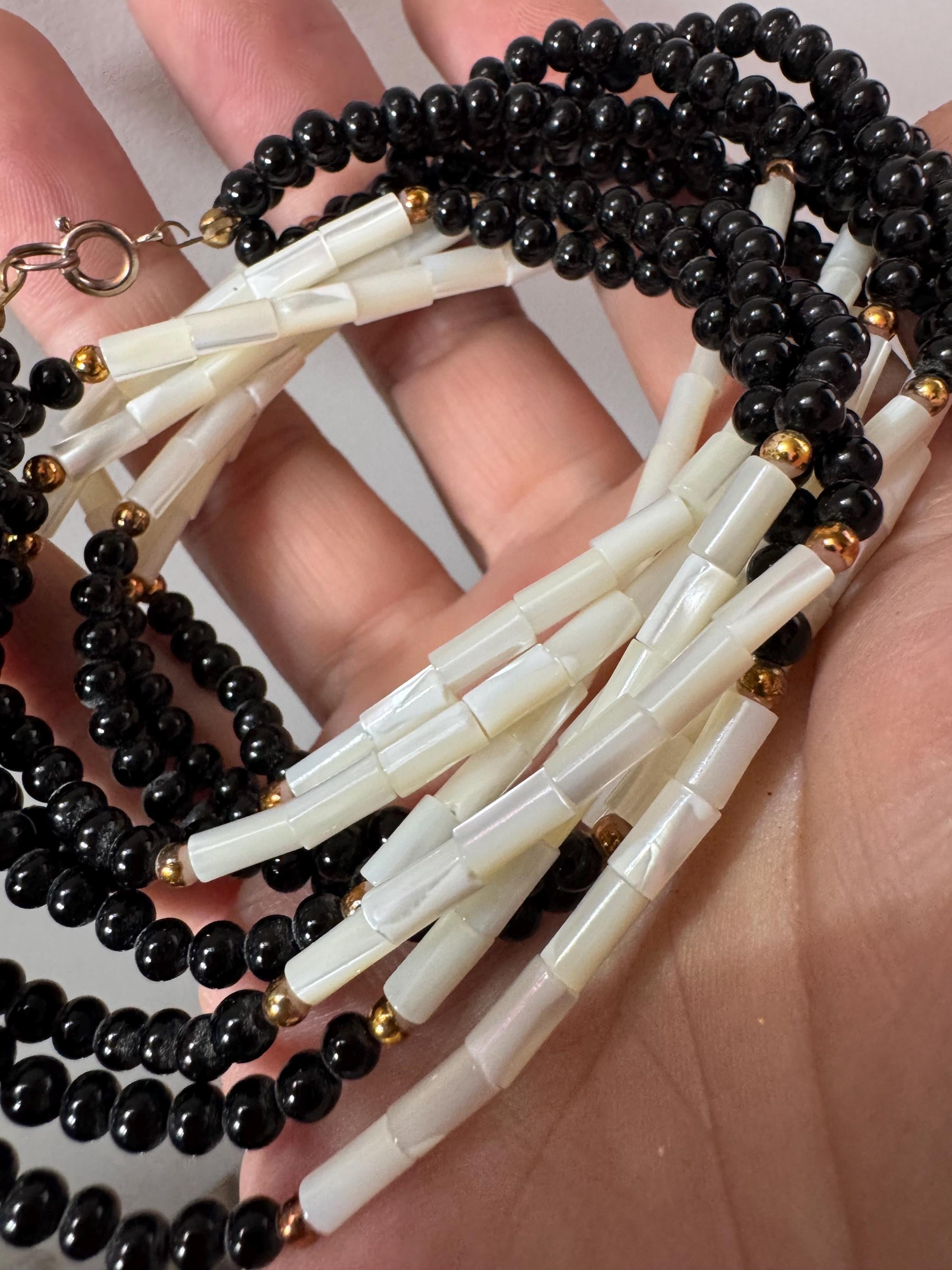Retro mother of pearl bugle beaded MOP Natural shell and black glass beaded long multistrand necklace 62cm long ideal summer festivals