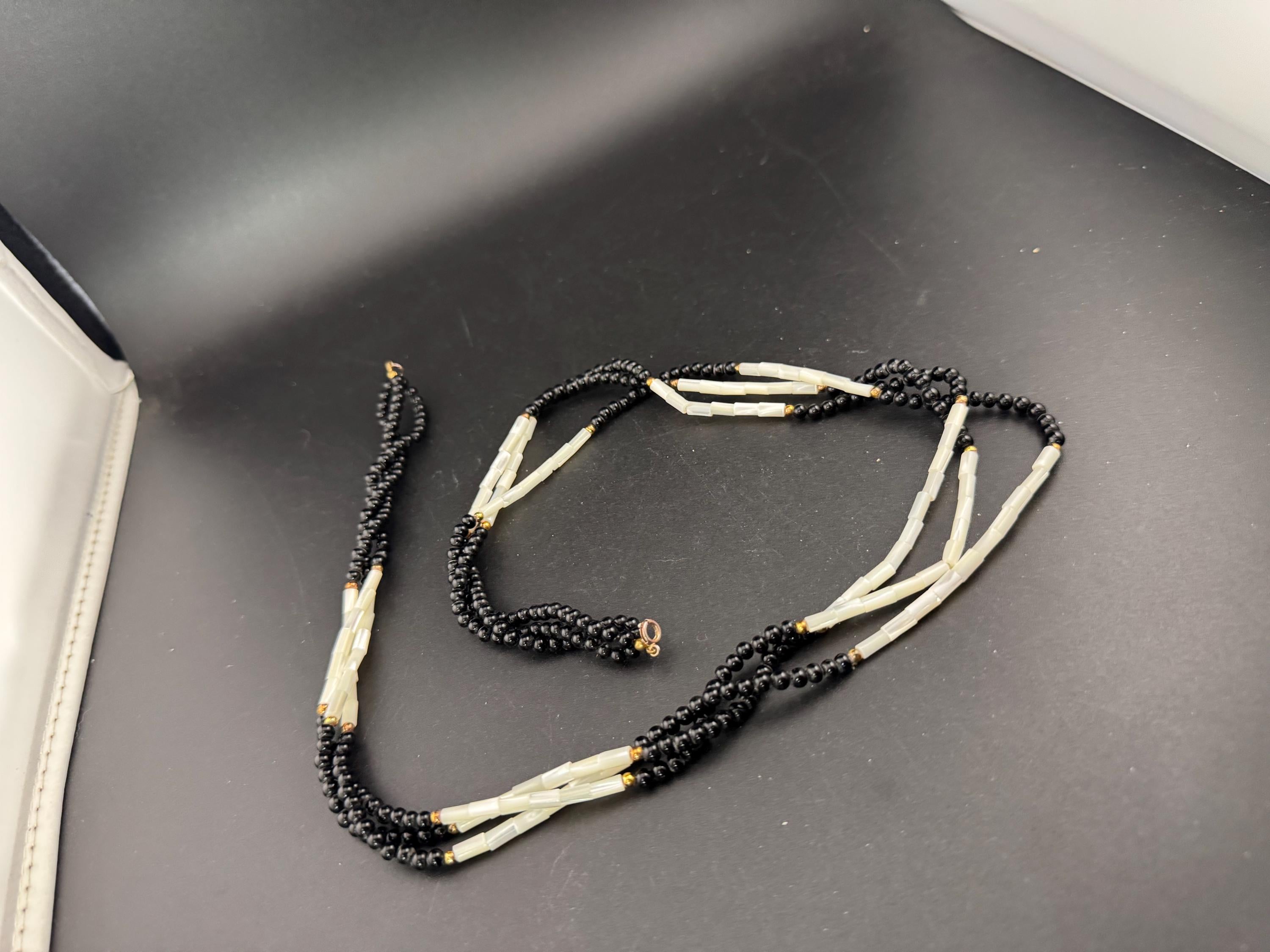 Retro mother of pearl bugle beaded MOP Natural shell and black glass beaded long multistrand necklace 62cm long ideal summer festivals