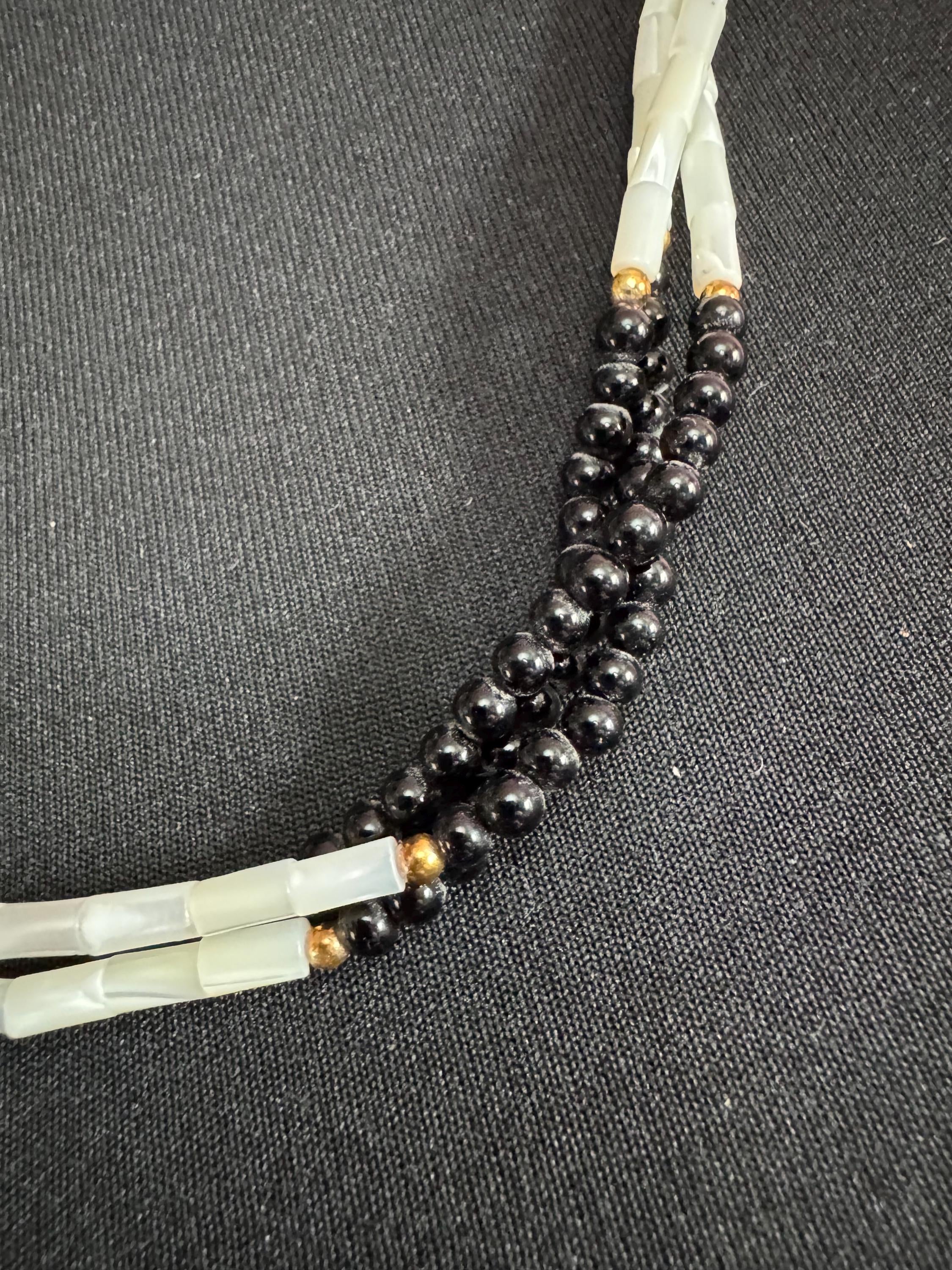 Retro mother of pearl bugle beaded MOP Natural shell and black glass beaded long multistrand necklace 62cm long ideal summer festivals