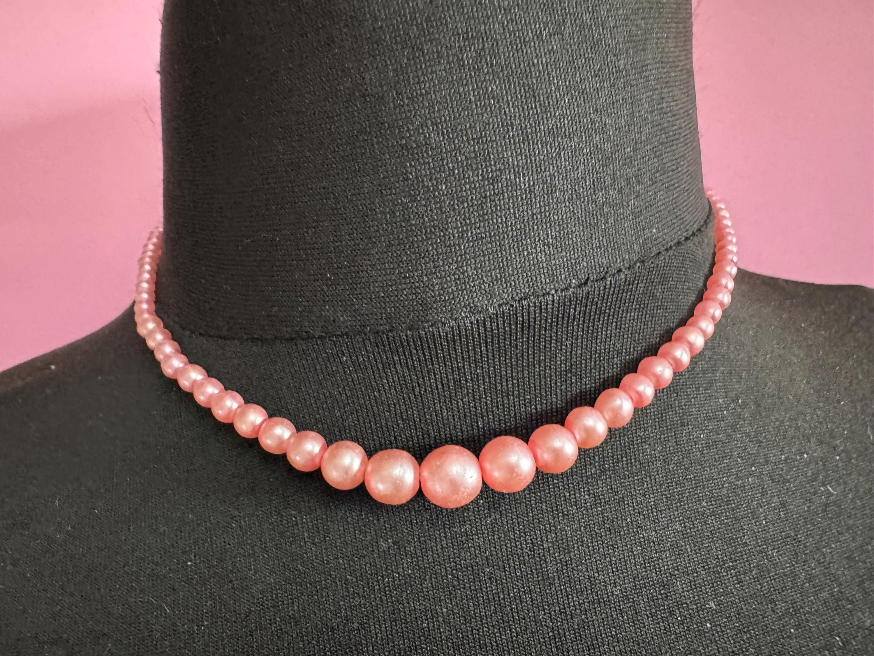 Bright pink graduated faux glass pearl short necklace, Vintage 42cm single strand, row of pearls silver tone rhinestone clasp