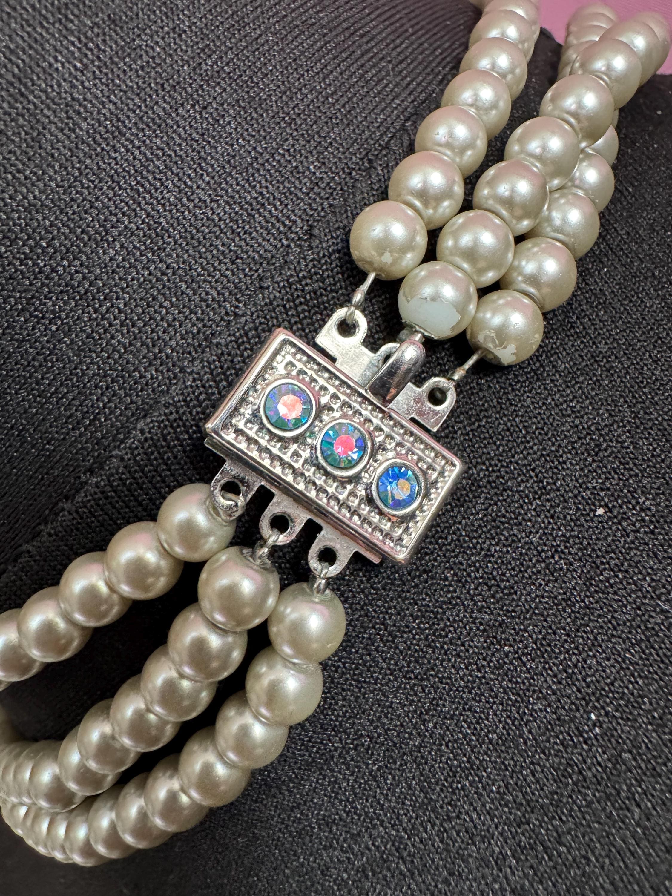 Retro Stylish silver tone grey glass beaded faux pearl Multistrand layering necklace weighty with rondelle beads