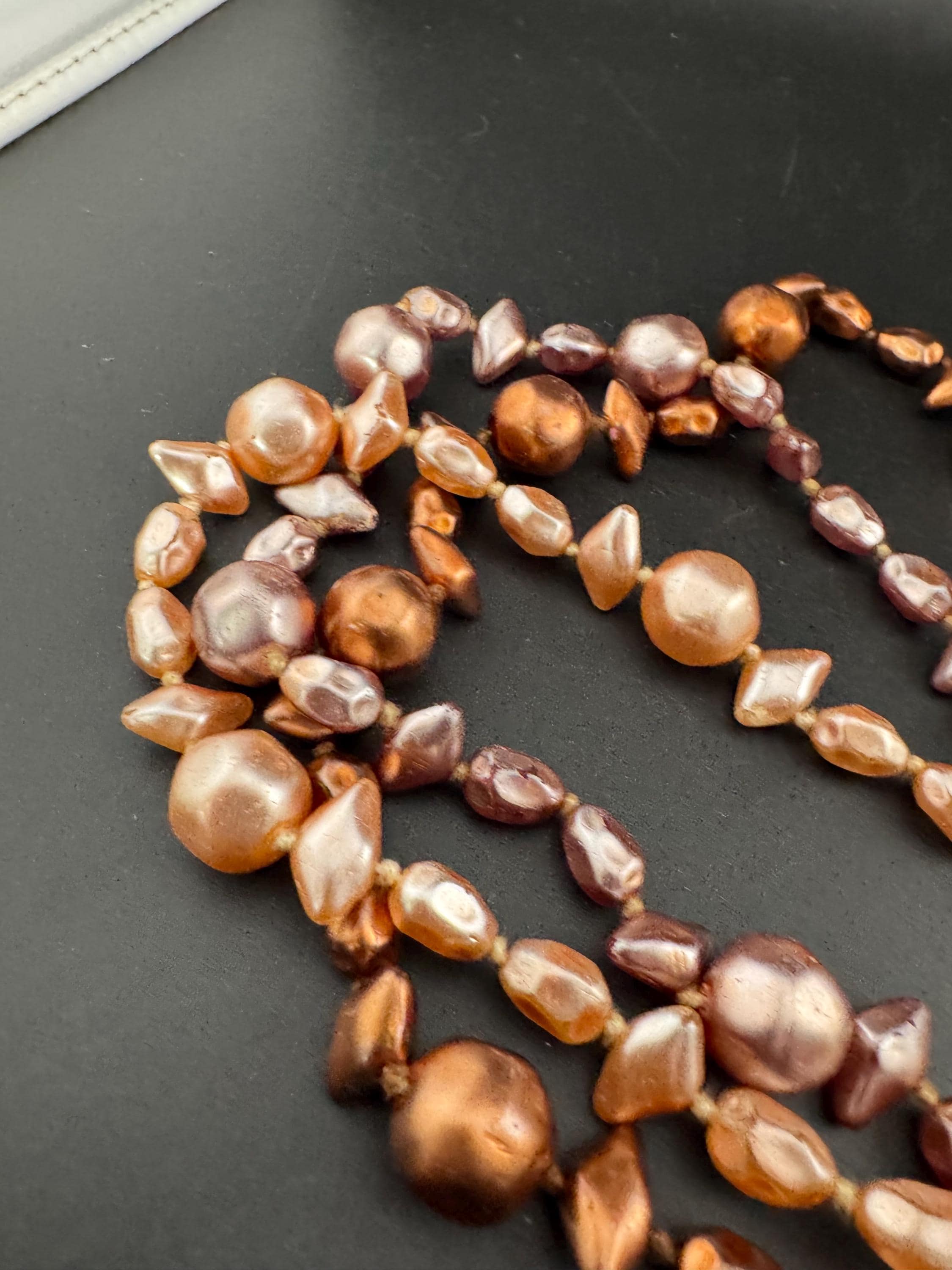 Fantastic Vintage triple strand row brown pink bronze glass faux pearl beaded multistrand necklace with a huge glass cabochon clasp