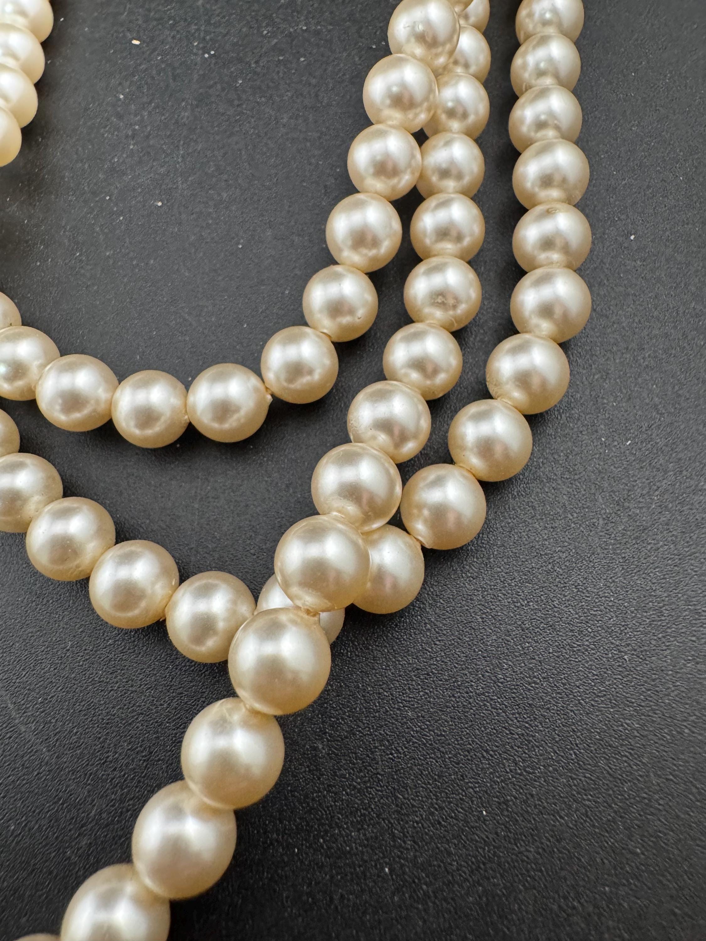 Vintage Triple 3 strand row faux glass pearl long Multistrand necklace , ornate clear rhinestone clasp
