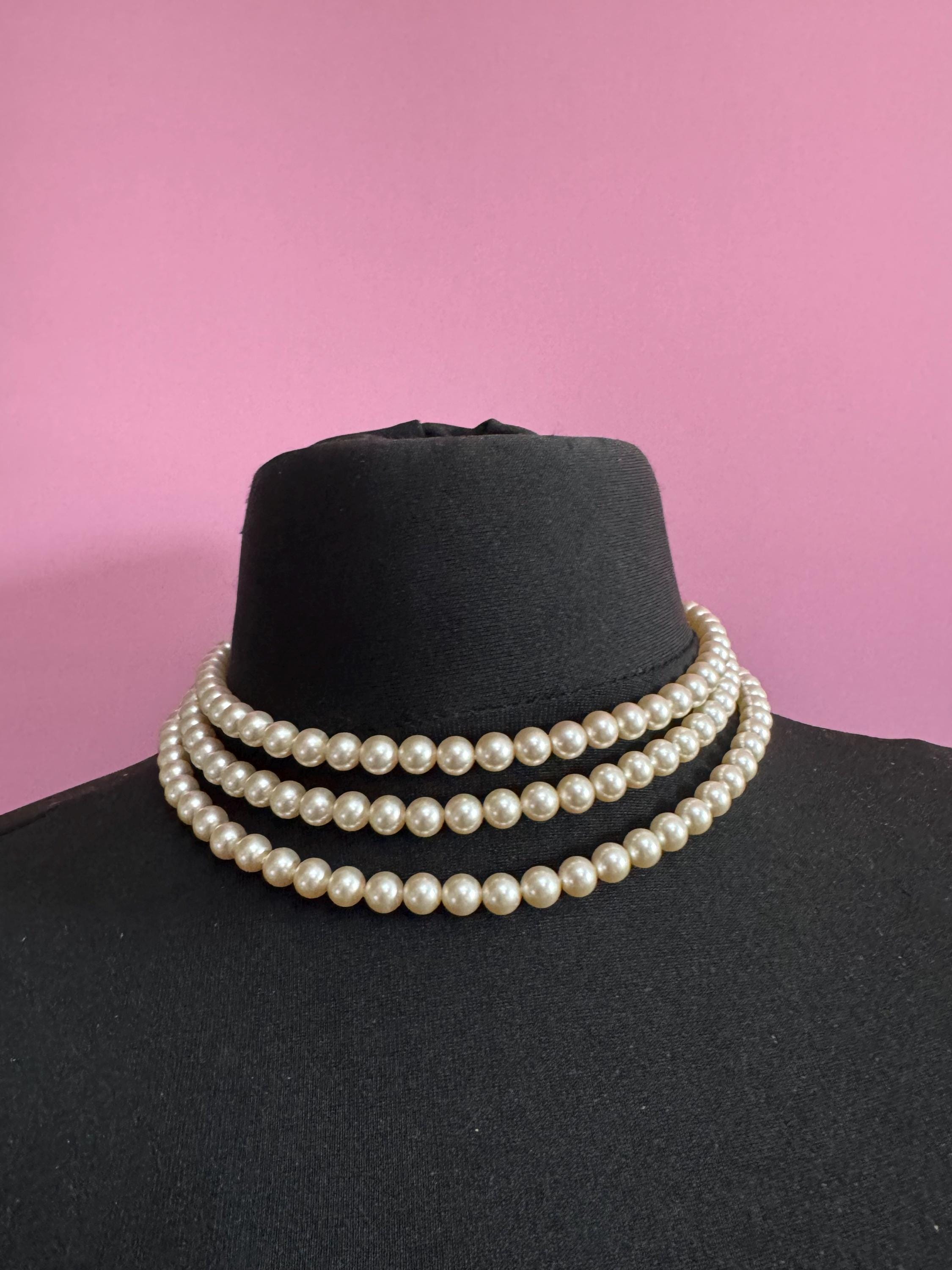 Vintage Triple 3 strand row faux glass pearl long Multistrand necklace , ornate clear rhinestone clasp