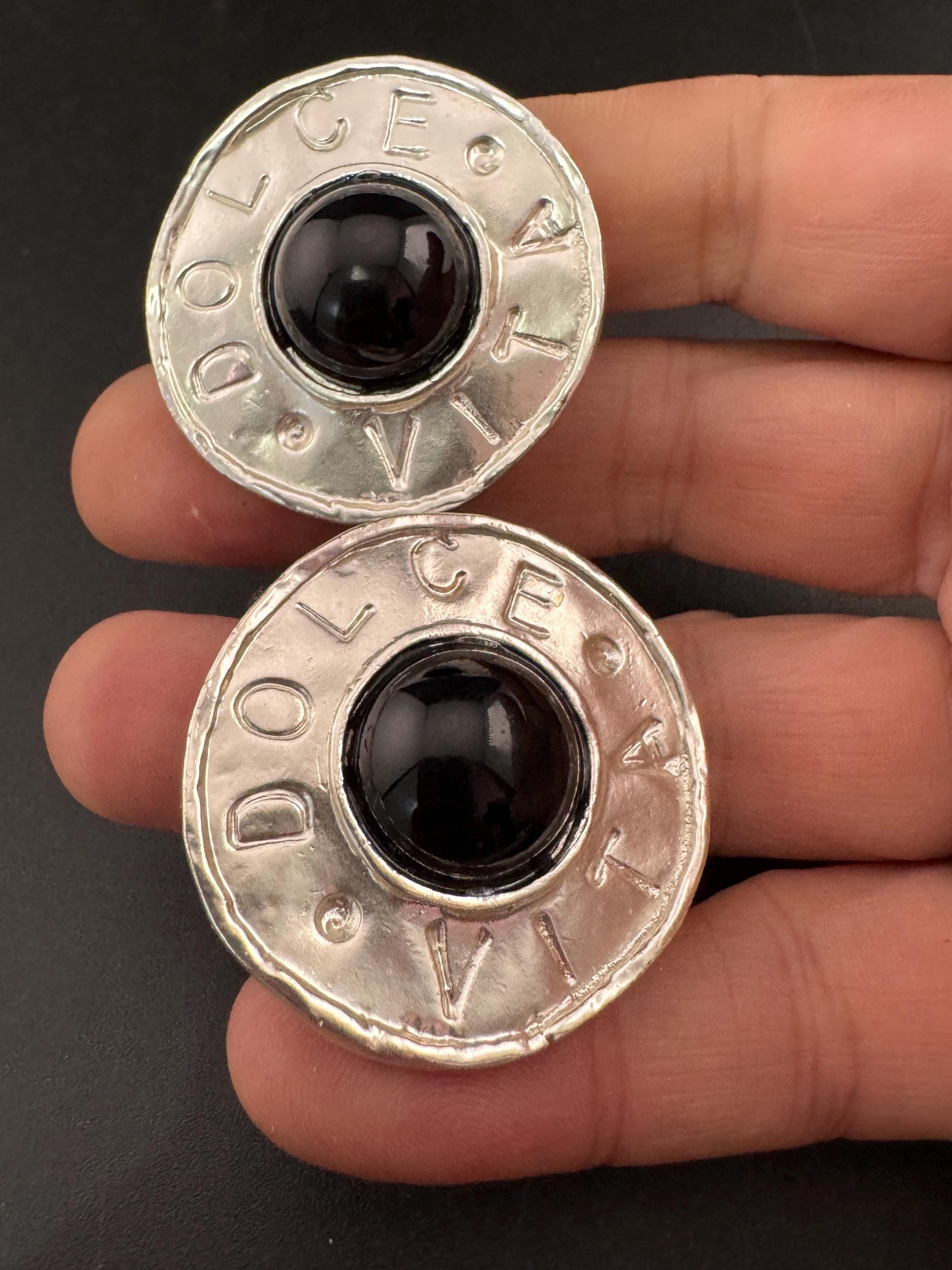Signed dolce vita Silver disc clip on earrings, black dome cabochon ,French