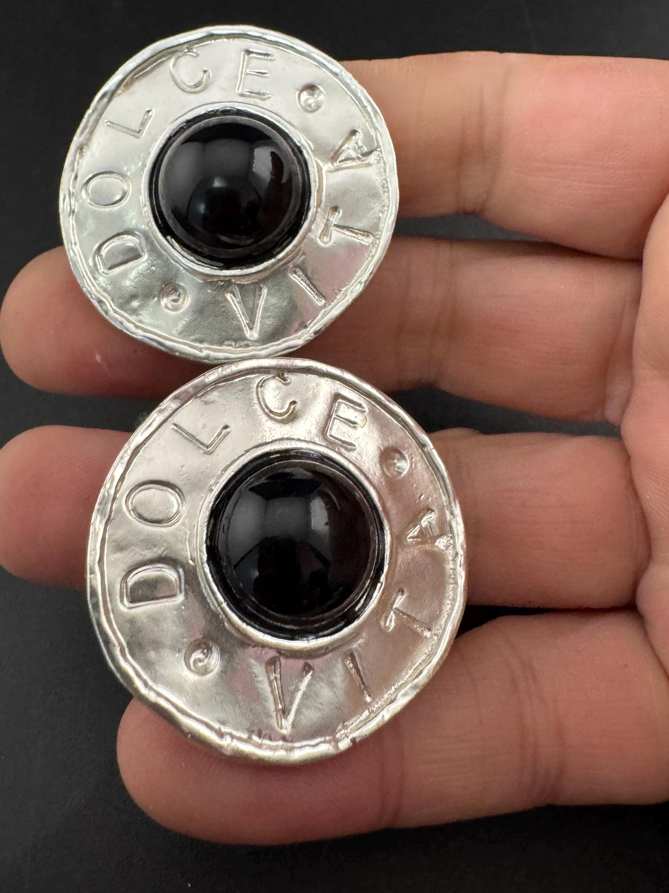 Signed dolce vita Silver disc clip on earrings, black dome cabochon ,French