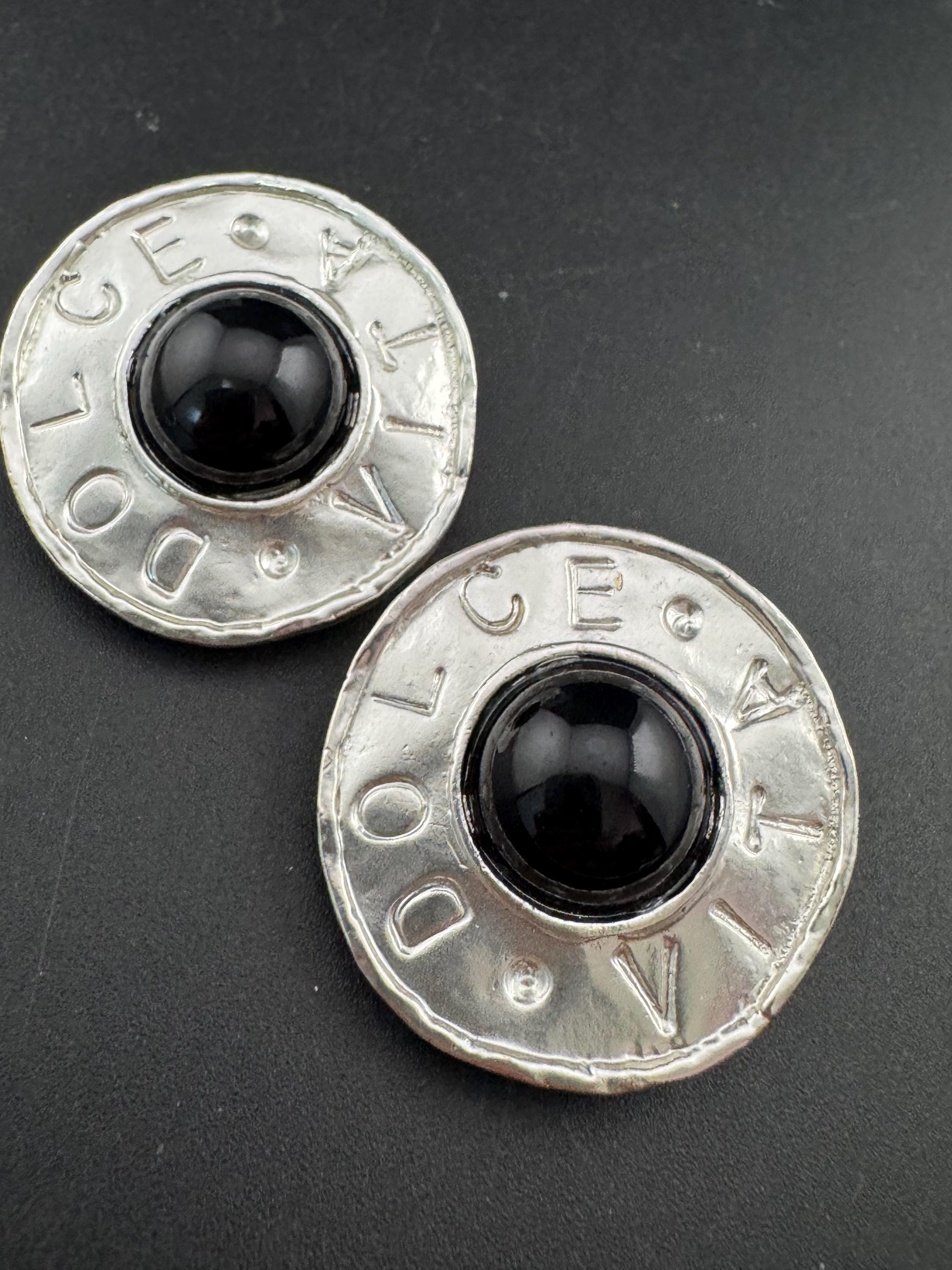 Signed dolce vita Silver disc clip on earrings, black dome cabochon ,French