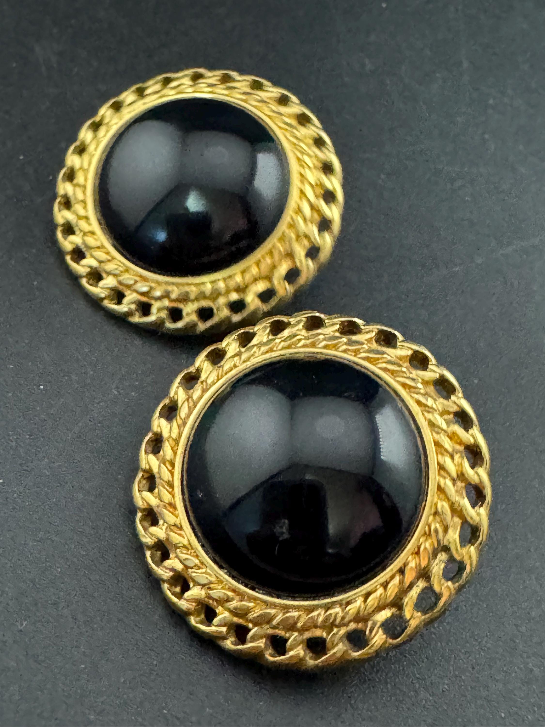 Oversized Signed MONET Gold tone black Cabochon clip on earrings, signed