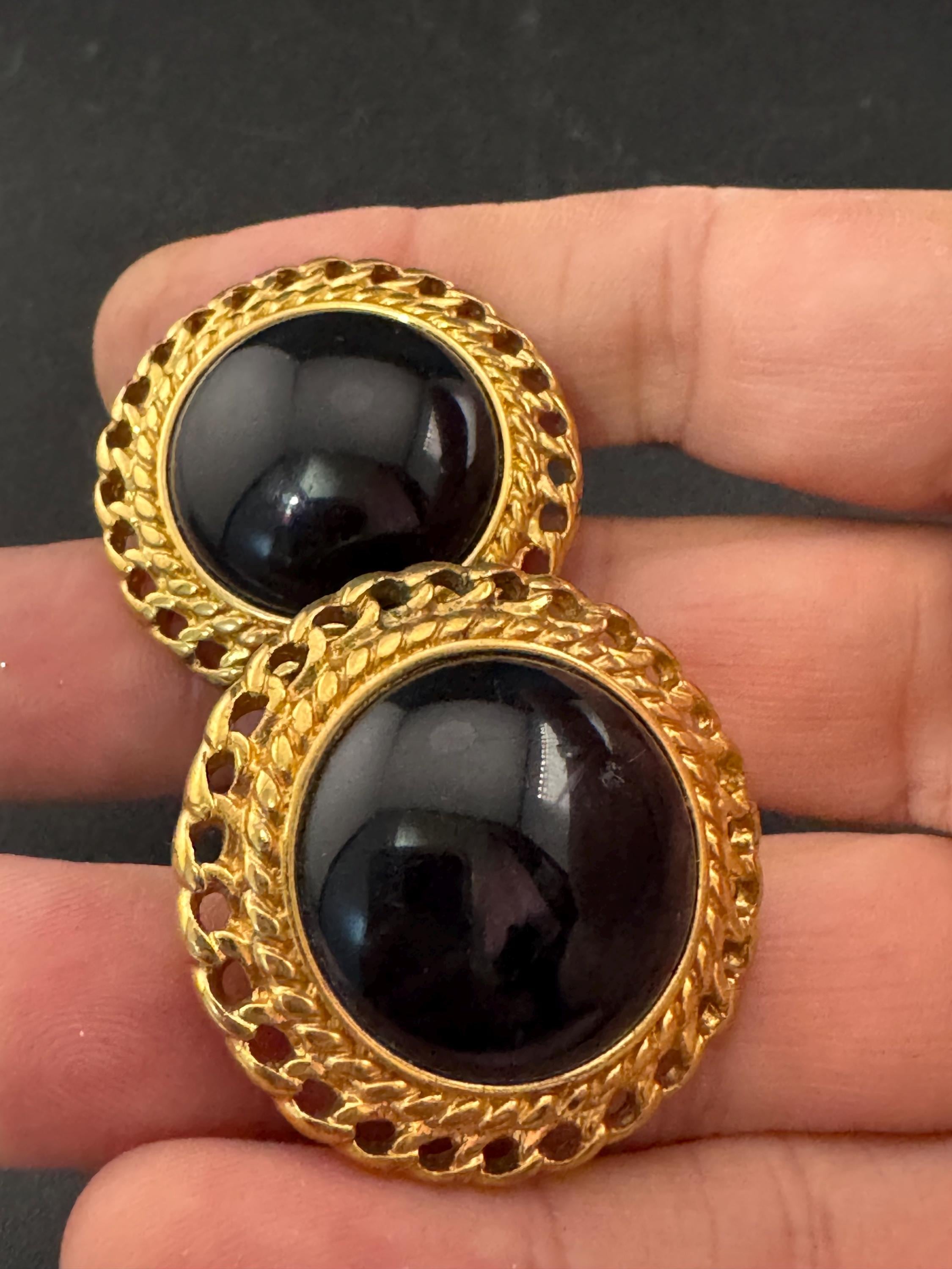 Oversized Signed MONET Gold tone black Cabochon clip on earrings, signed