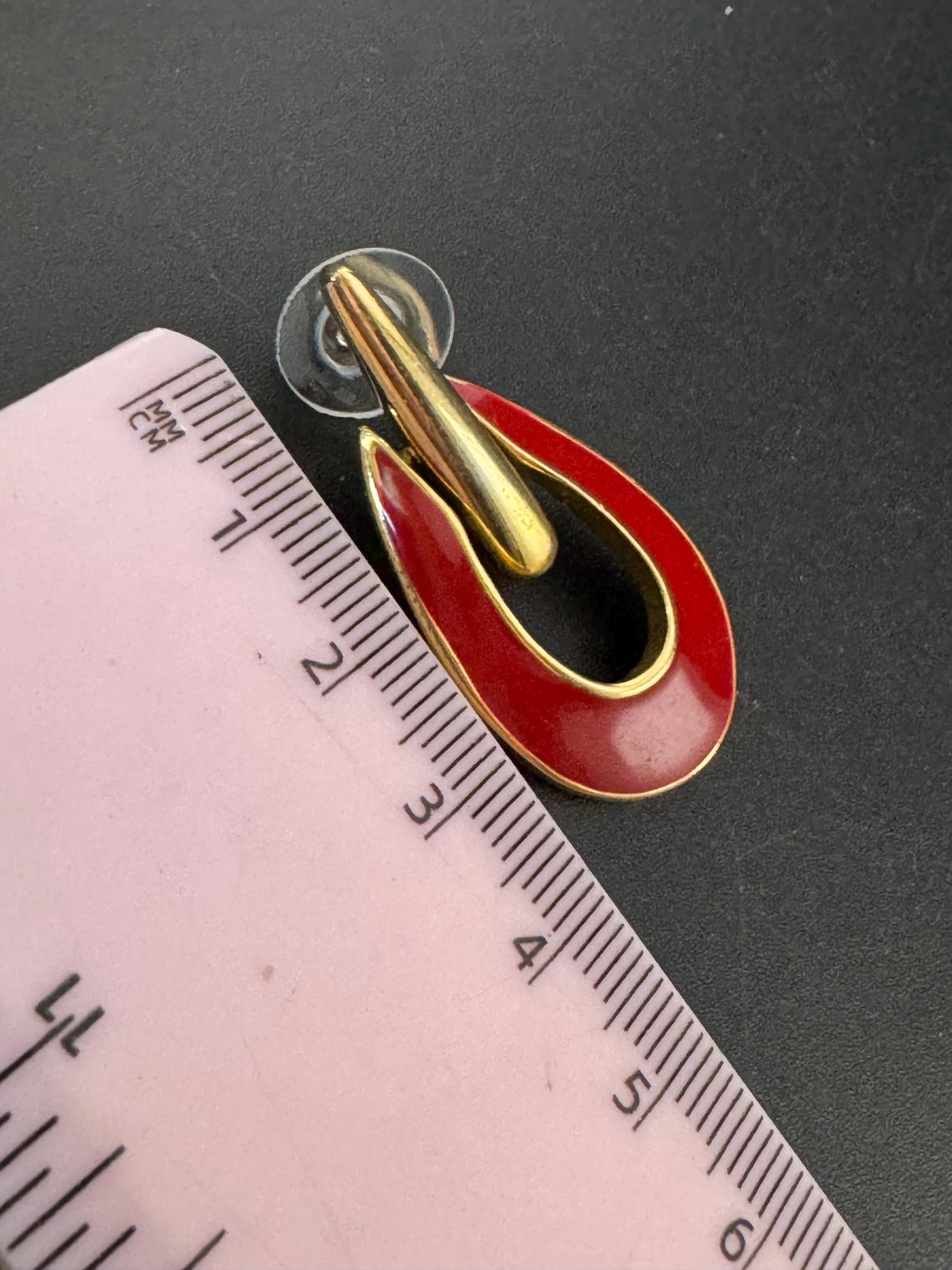 Signed Swarovski red enamel door knocker drop earrings, pierced gold tone
