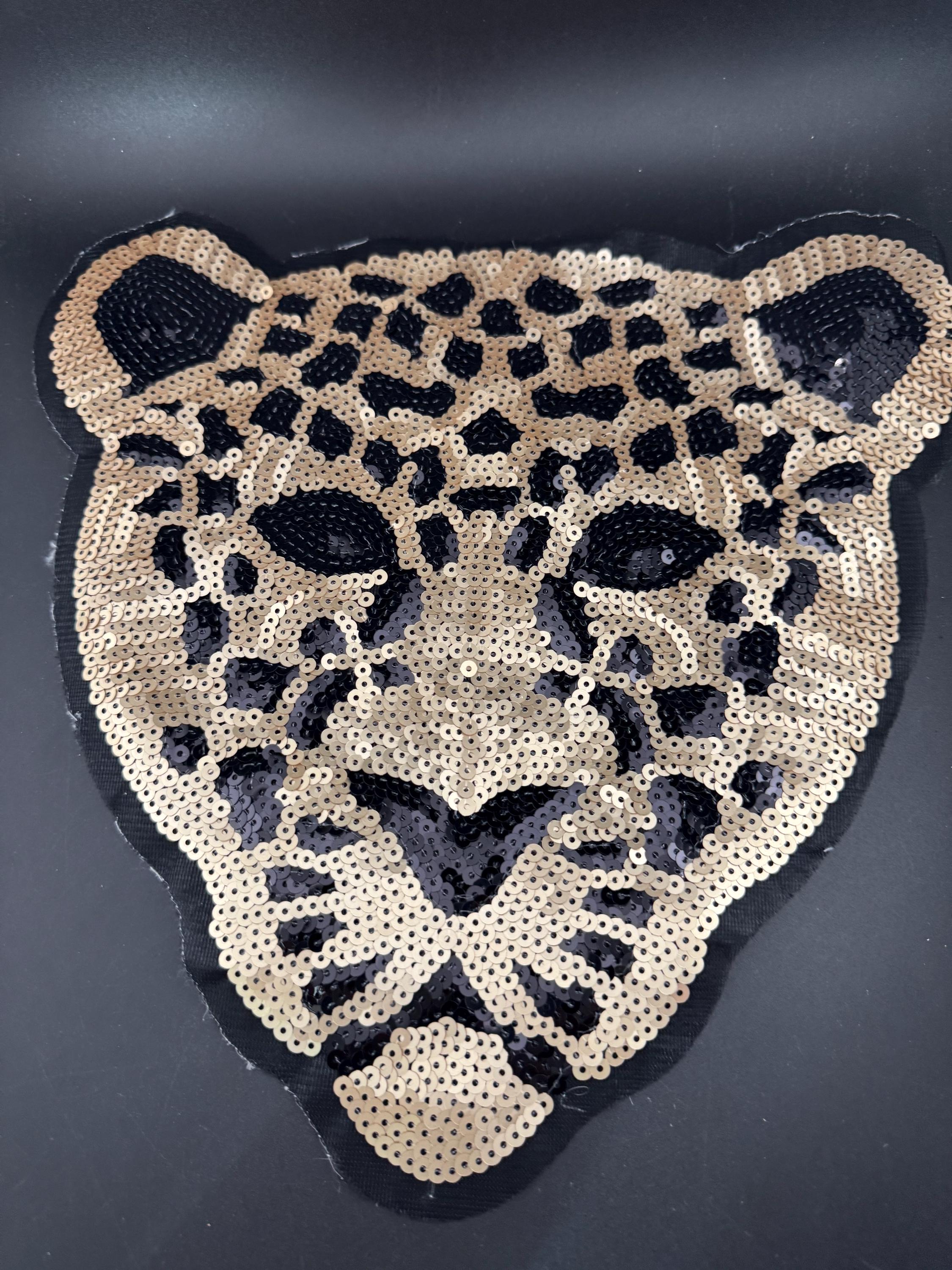 XL 30cm x 29cm sew on wild animal, big cat leopard face patch sequin applique for sewing on clothing , jackets and bags upcycle projects