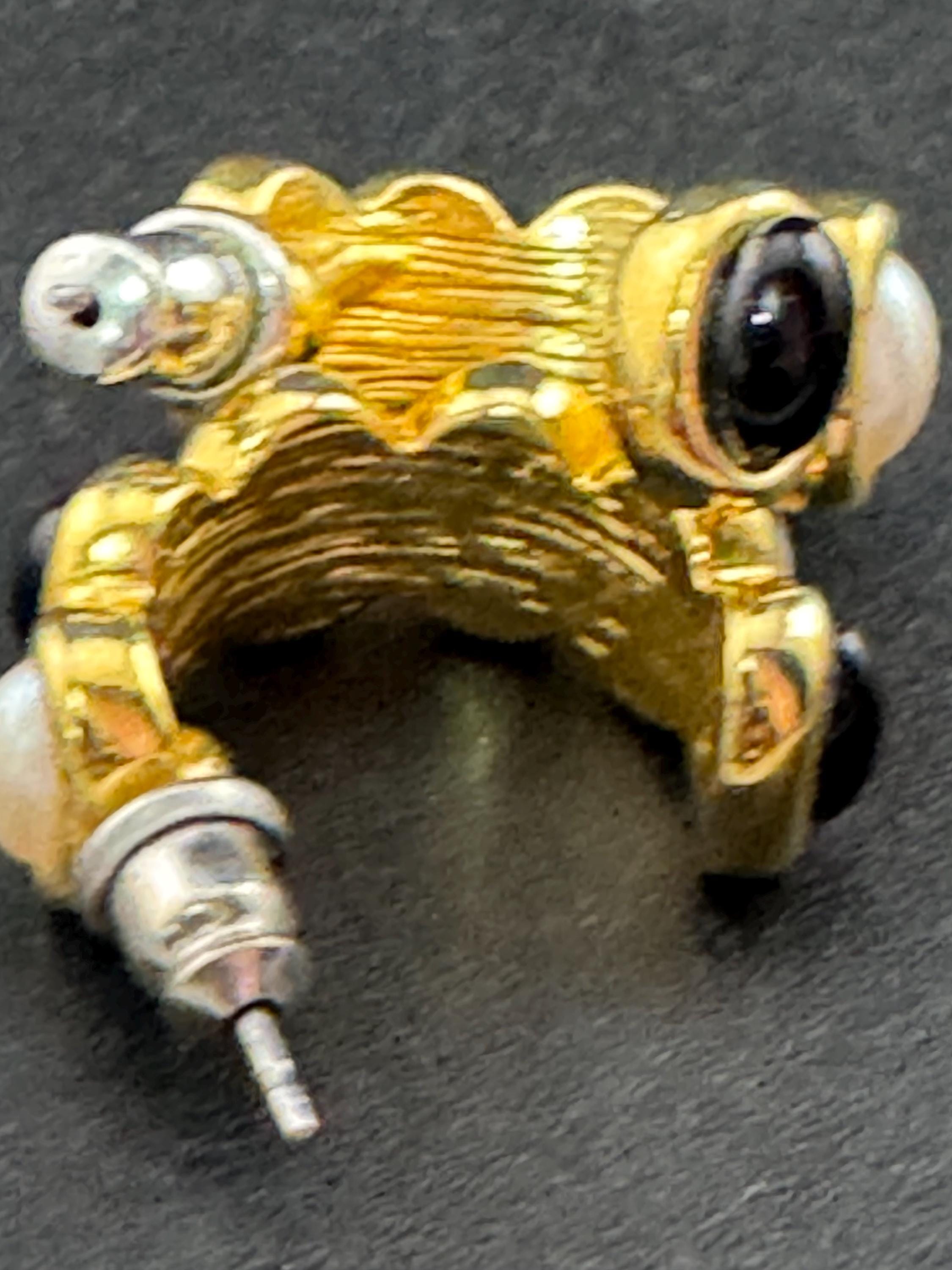 Retro 1980s classic Gold faux pearl and black oval cabochons pierced hoop earrings