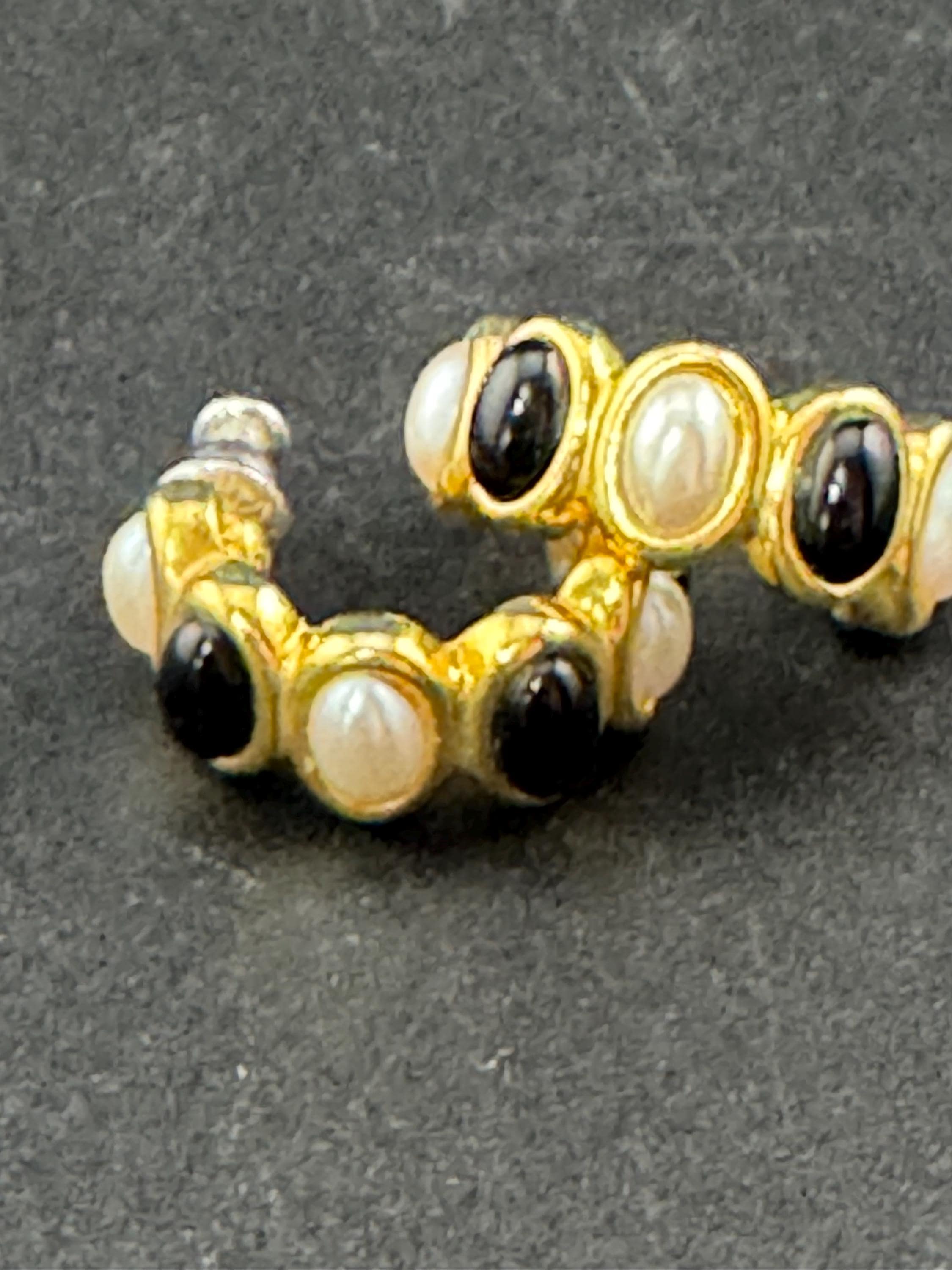 Retro 1980s classic Gold faux pearl and black oval cabochons pierced hoop earrings