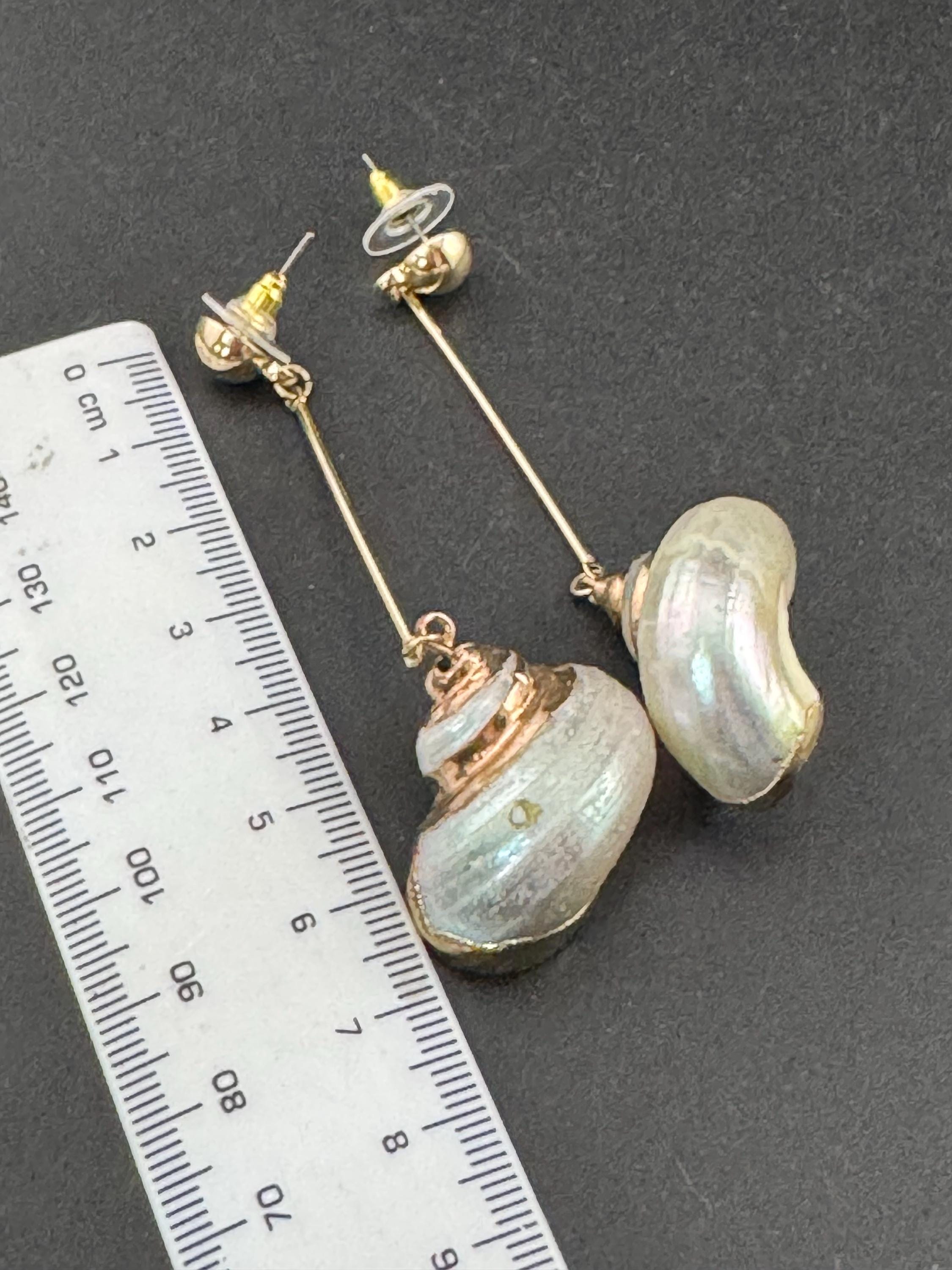 Oversized very long 7cm retro gold tone natural seashell shell nautical summer dangly drop earrings for pierced ears