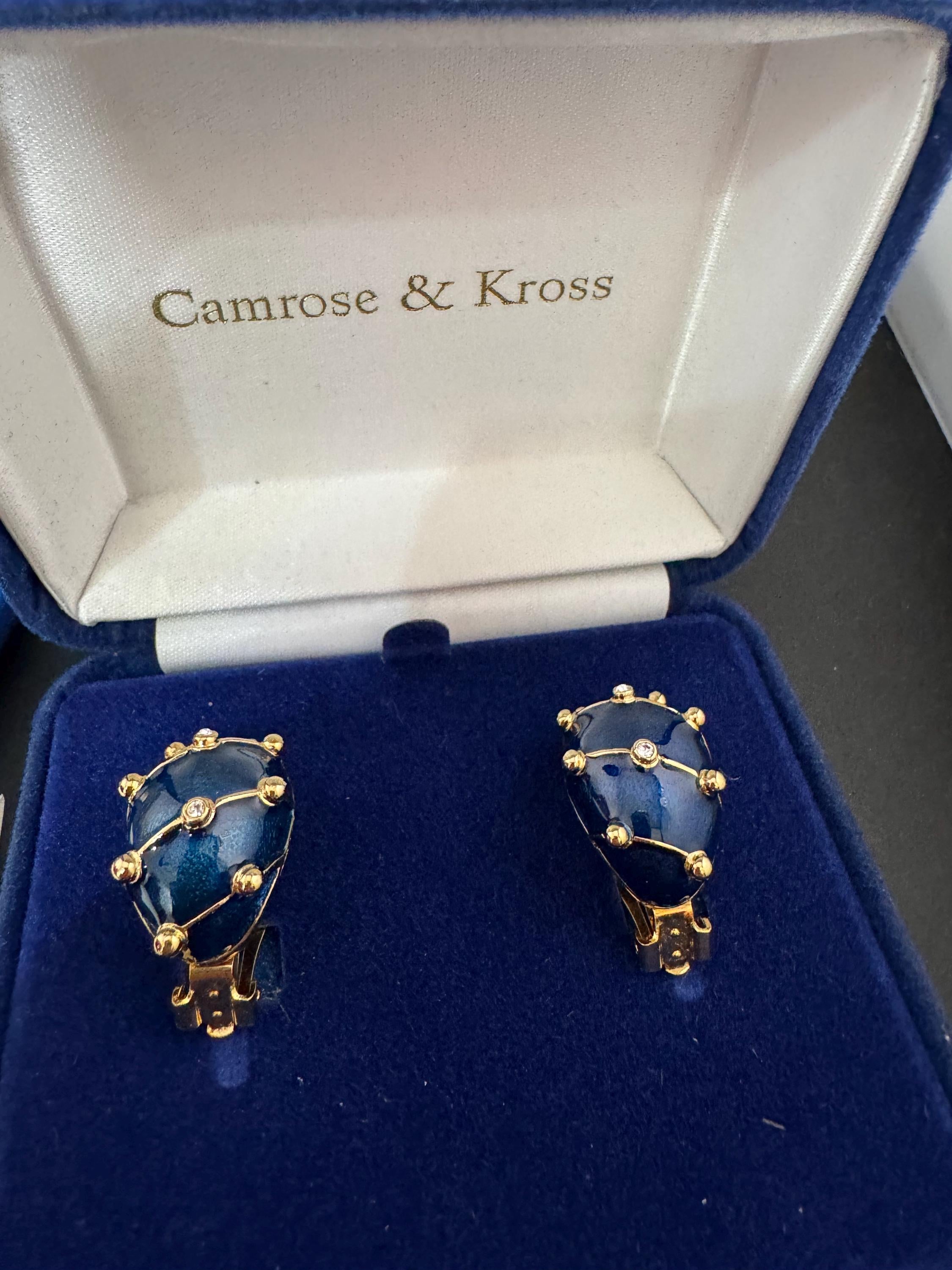 JBK Jacqueline Kennedy Blue Enamel Crystal Clip On Earrings, Gold Plated