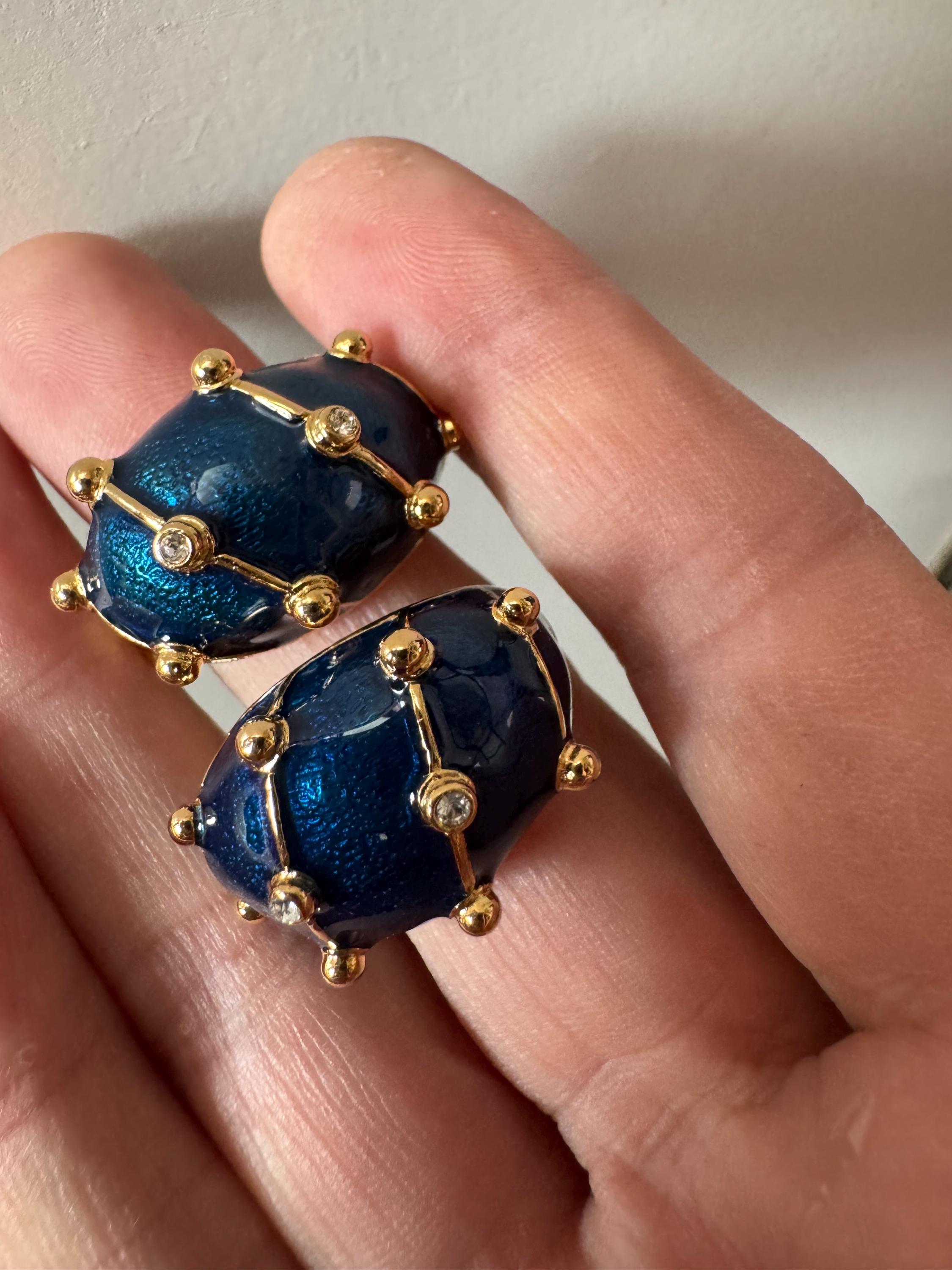 JBK Jacqueline Kennedy Blue Enamel Crystal Clip On Earrings, Gold Plated