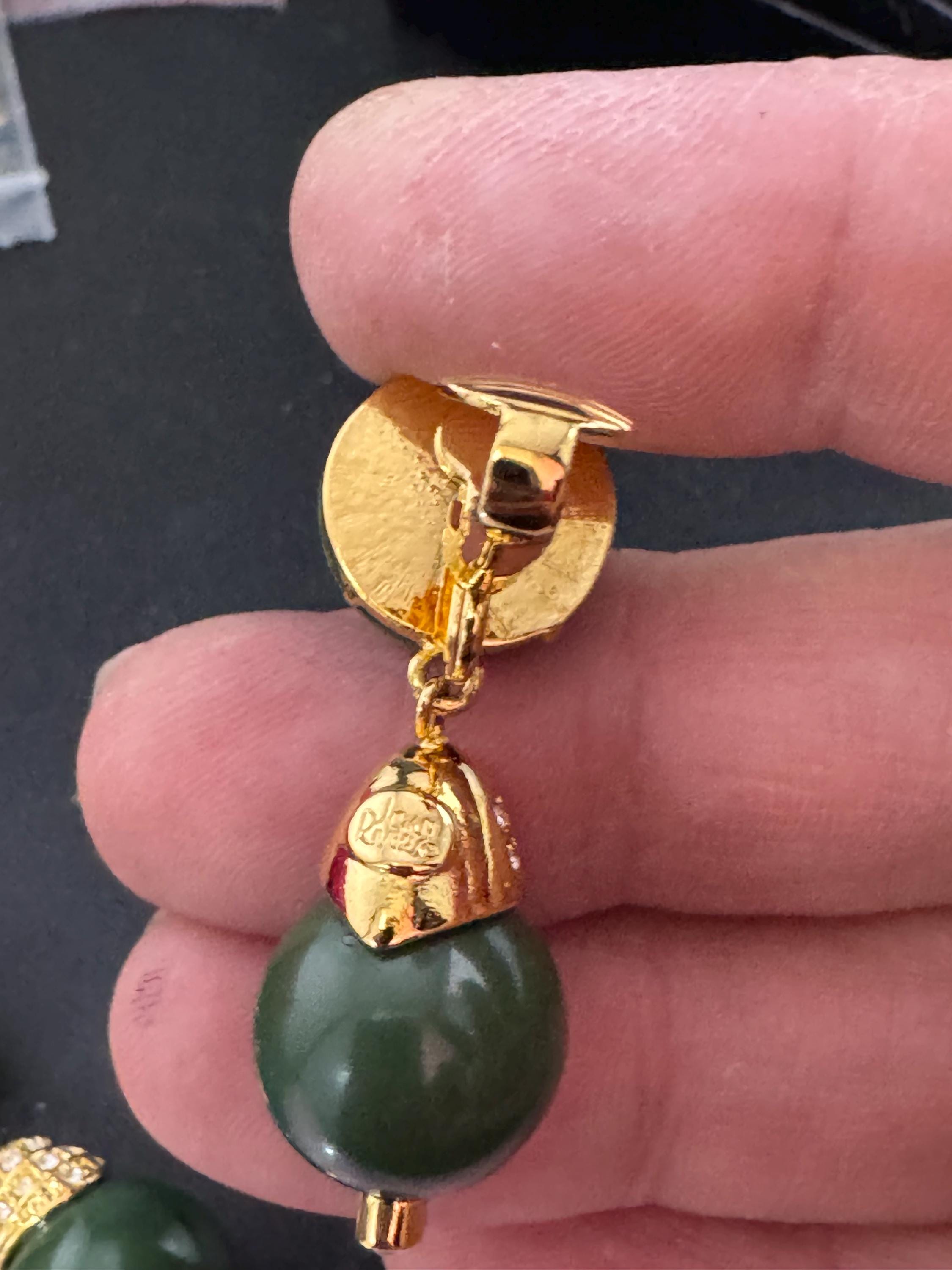 Vintage Signed Joan rivers gold tone beaded clip on drop earrings ,khaki green lucite with clear rhinestone