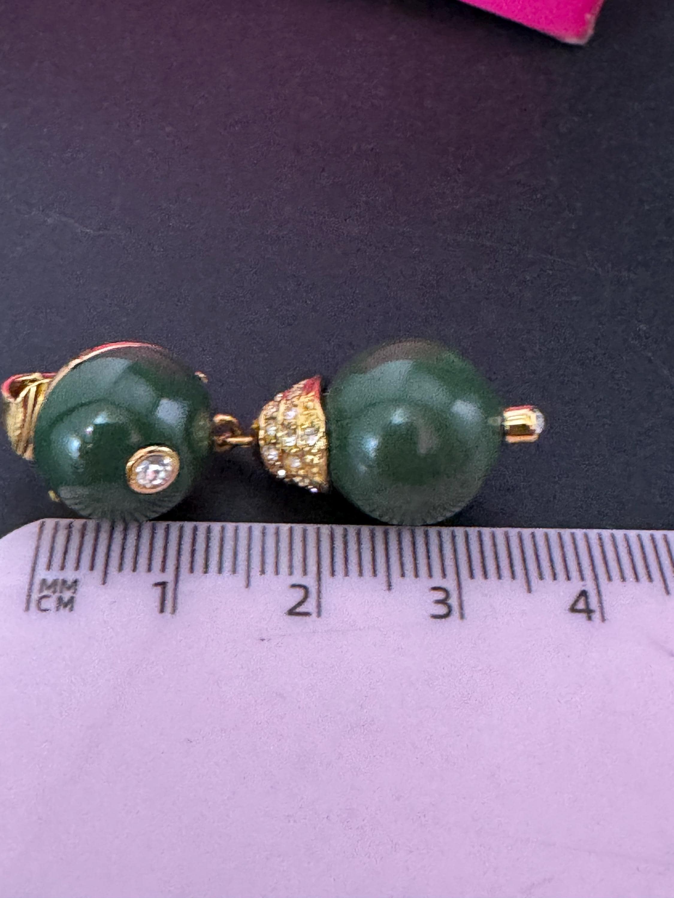 Vintage Signed Joan rivers gold tone beaded clip on drop earrings ,khaki green lucite with clear rhinestone