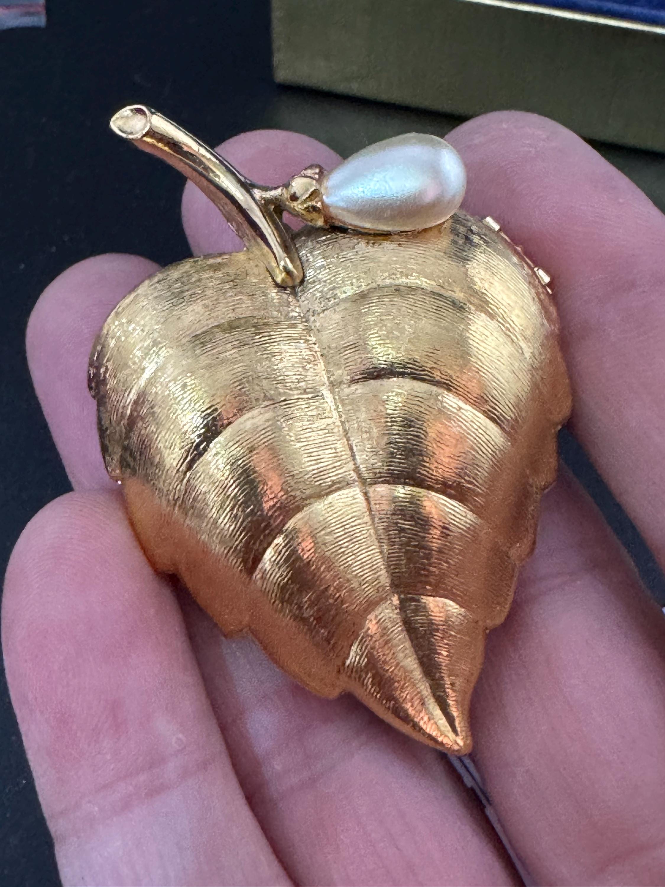 Vintage Avon Golden Leaf Brooch: Perfume Compact, Faux Pearl - Mid Century Boxed