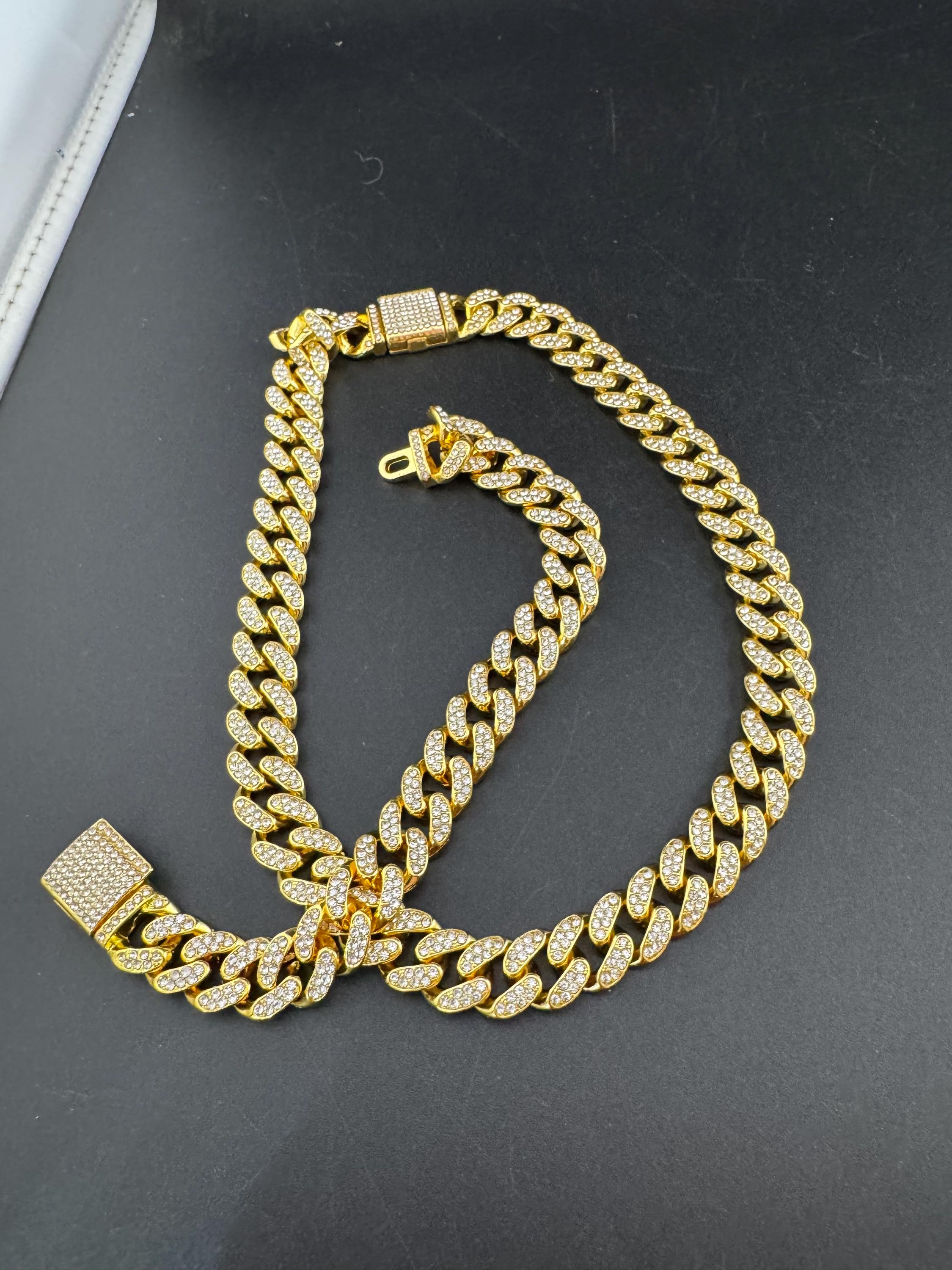 Retro y2K Gold tone flat curb chain link gold necklace and matching bracelet with encrusted clear paste diamanté detail , jewellery set