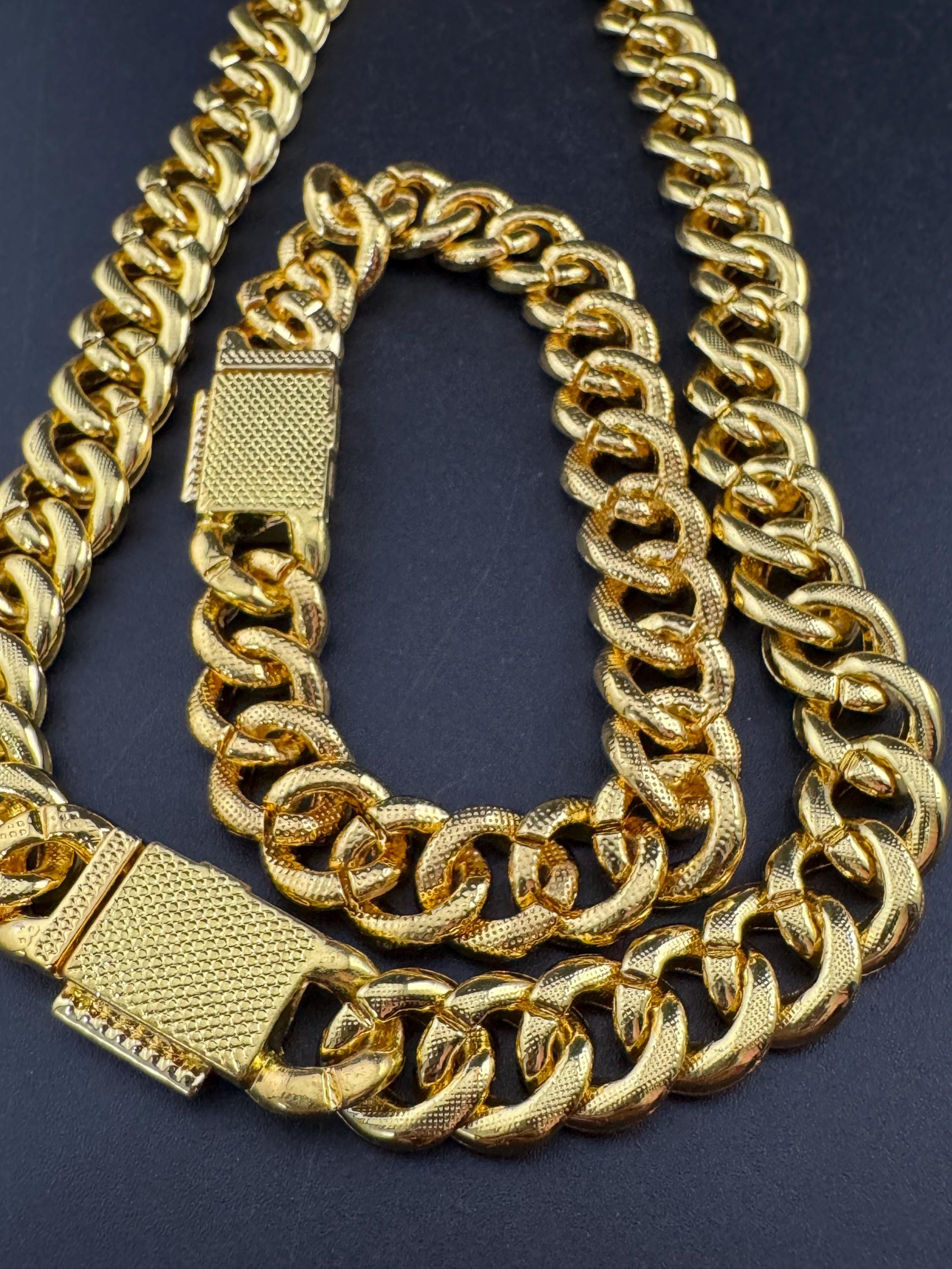 Retro y2K Gold tone flat curb chain link gold necklace and matching bracelet with encrusted clear paste diamanté detail , jewellery set