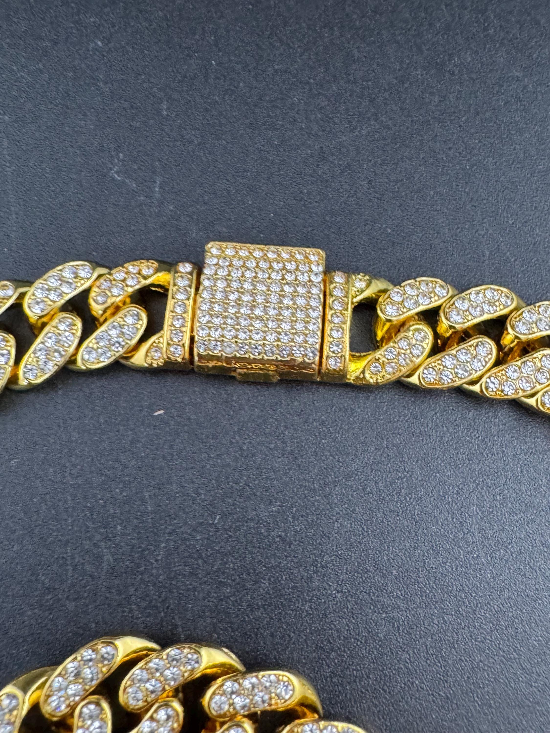 Retro y2K Gold tone flat curb chain link gold necklace and matching bracelet with encrusted clear paste diamanté detail , jewellery set