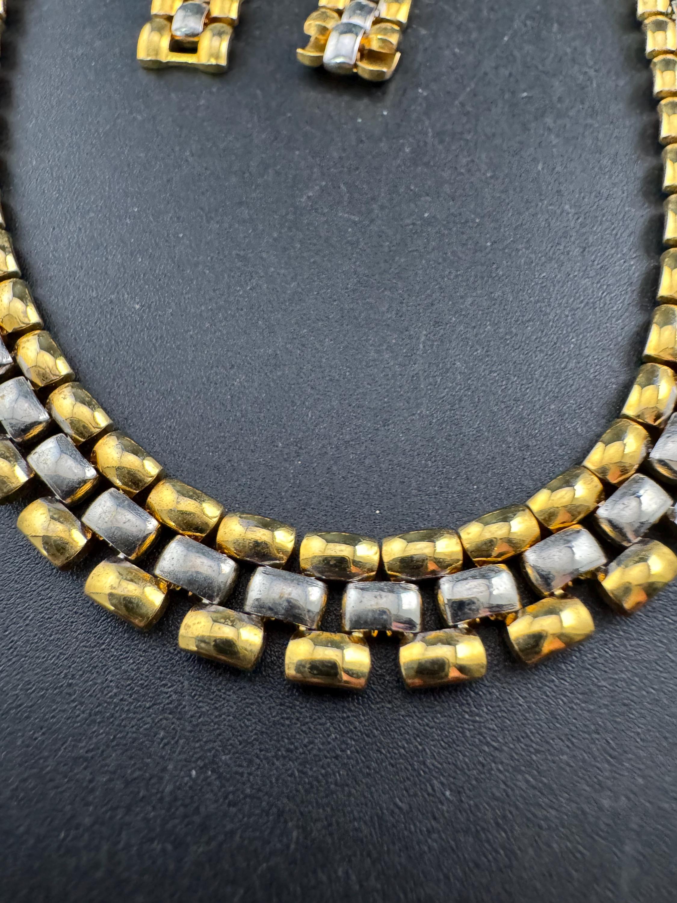 Retro 1980s gold and silver tone wide panther link necklace and matching bracelet pierced dangly drop earring jewellery set
