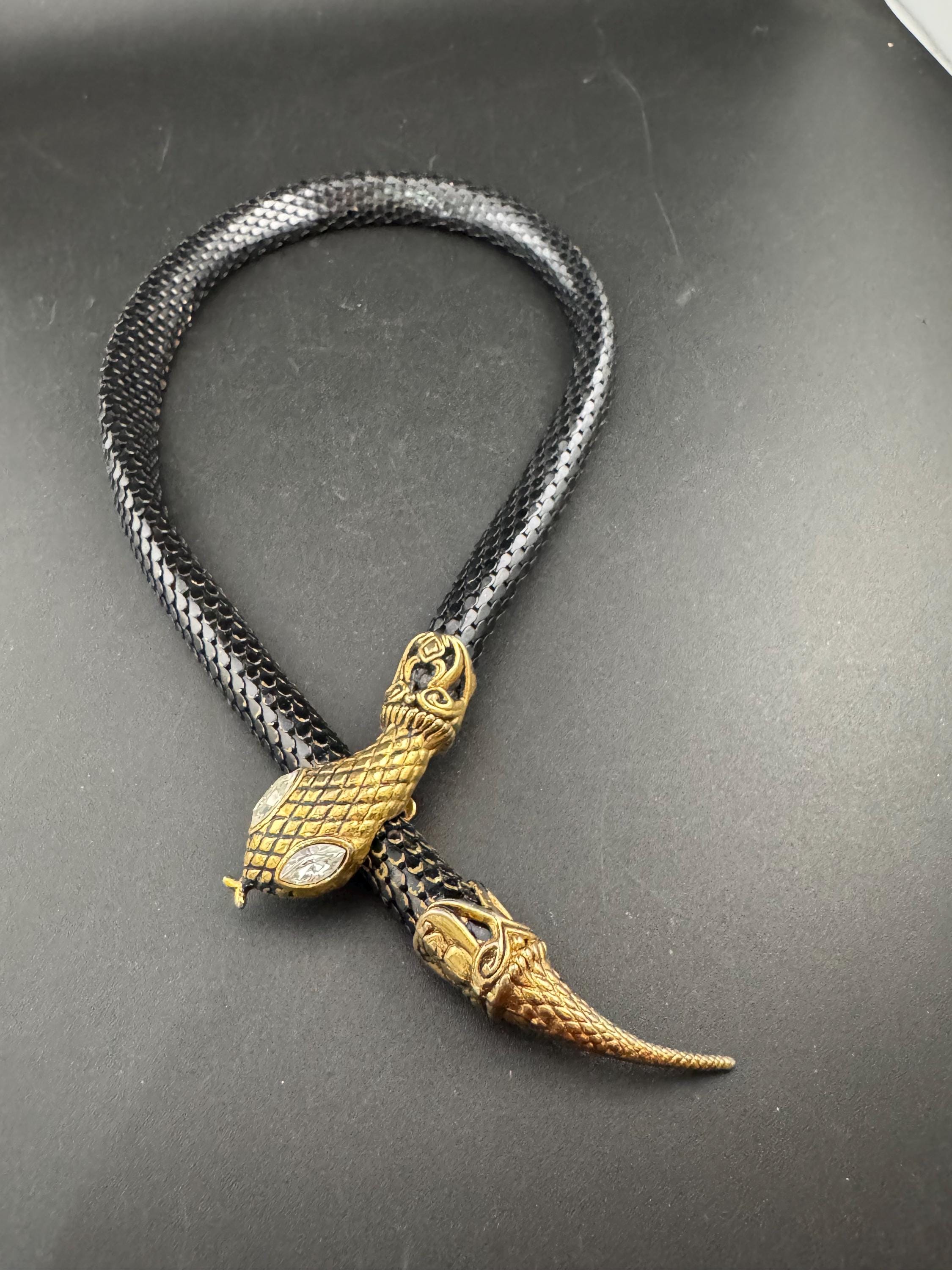 Retro black and gold tone wrap round snake necklace with diamanté eyes 45cm