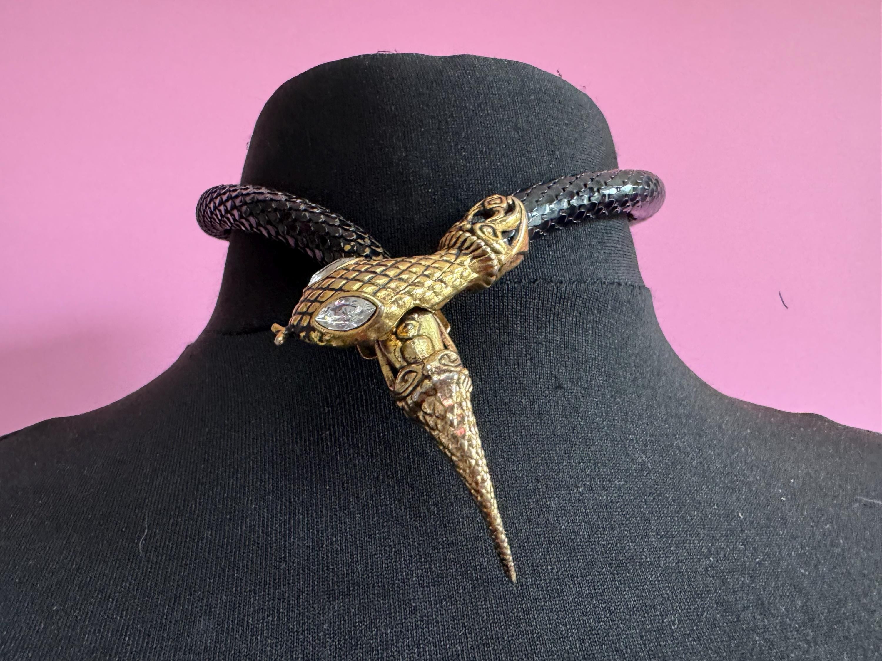 Retro black and gold tone wrap round snake necklace with diamanté eyes 45cm