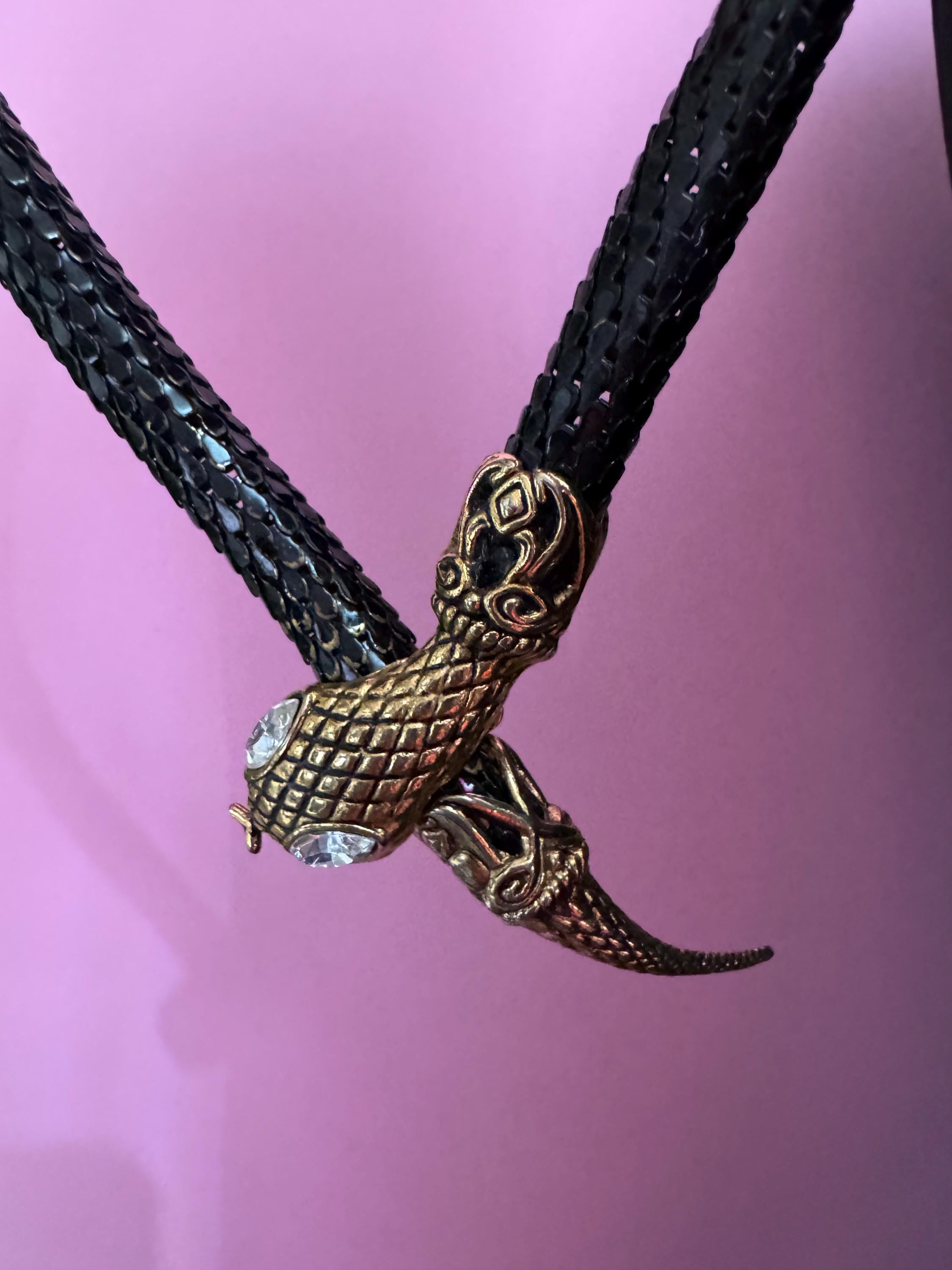 Retro black and gold tone wrap round snake necklace with diamanté eyes 45cm