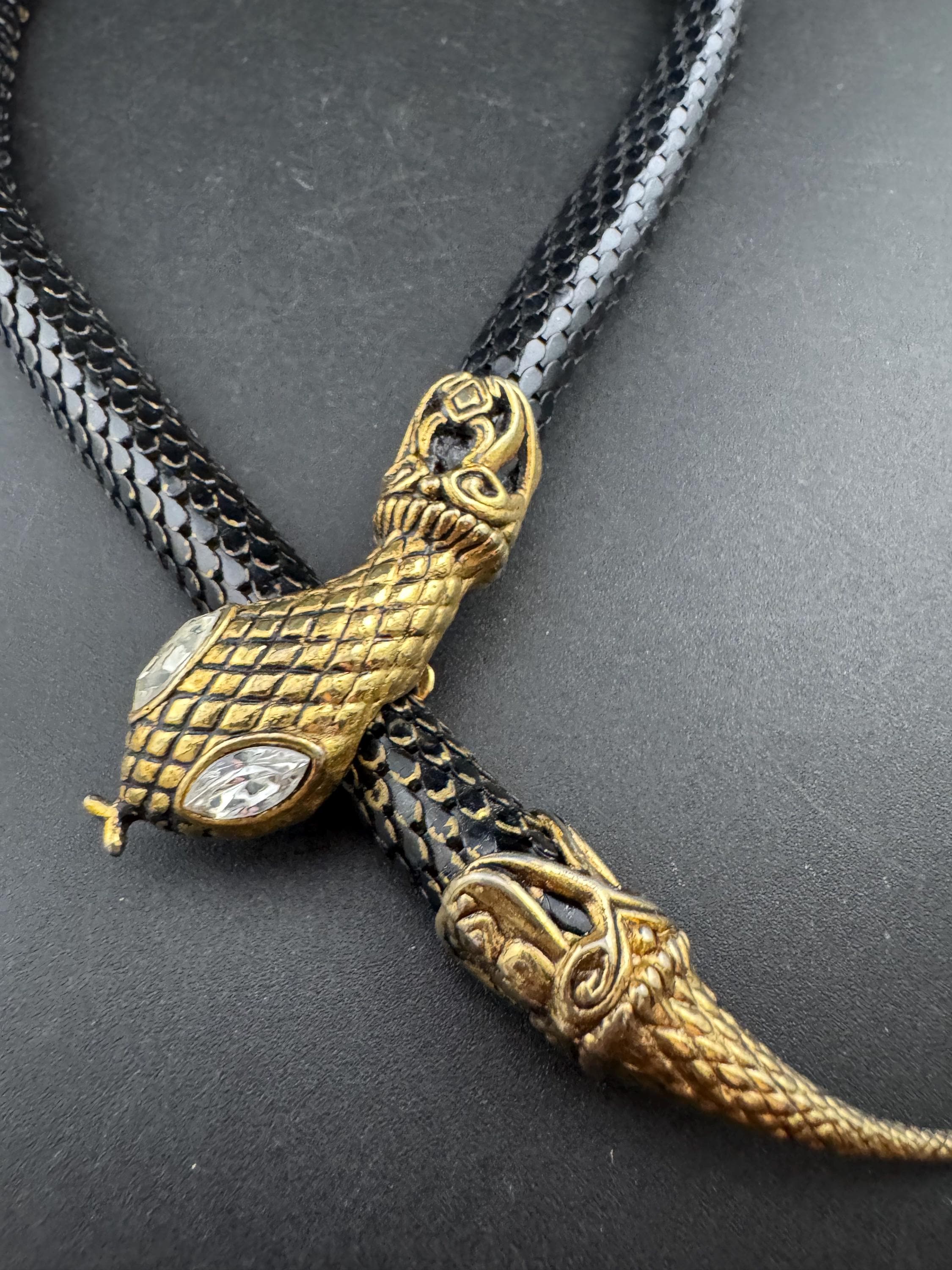 Retro black and gold tone wrap round snake necklace with diamanté eyes 45cm