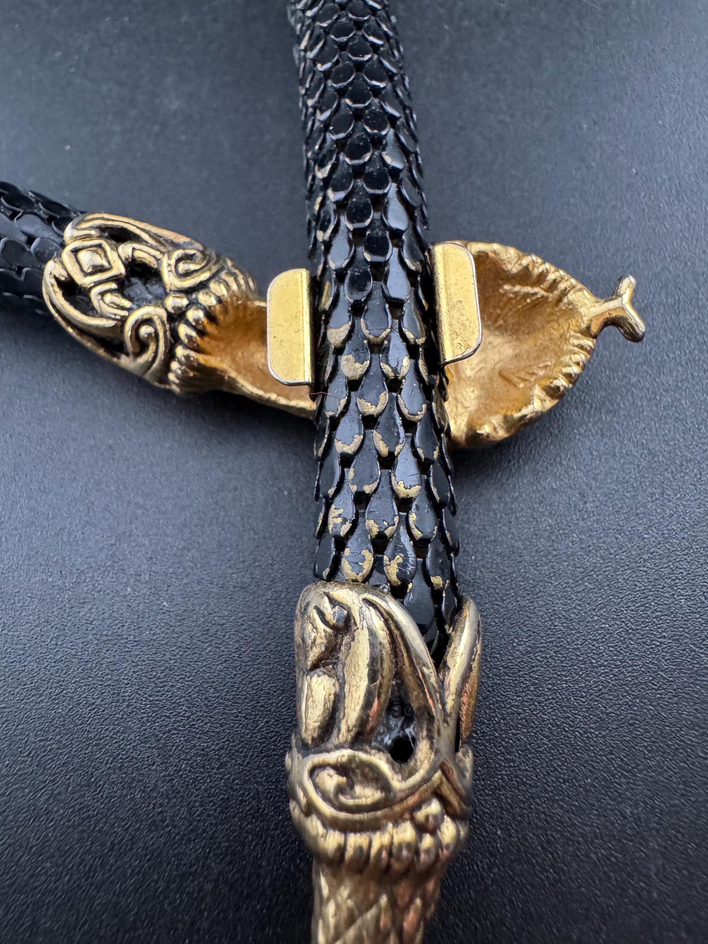 Retro black and gold tone wrap round snake necklace with diamanté eyes 45cm