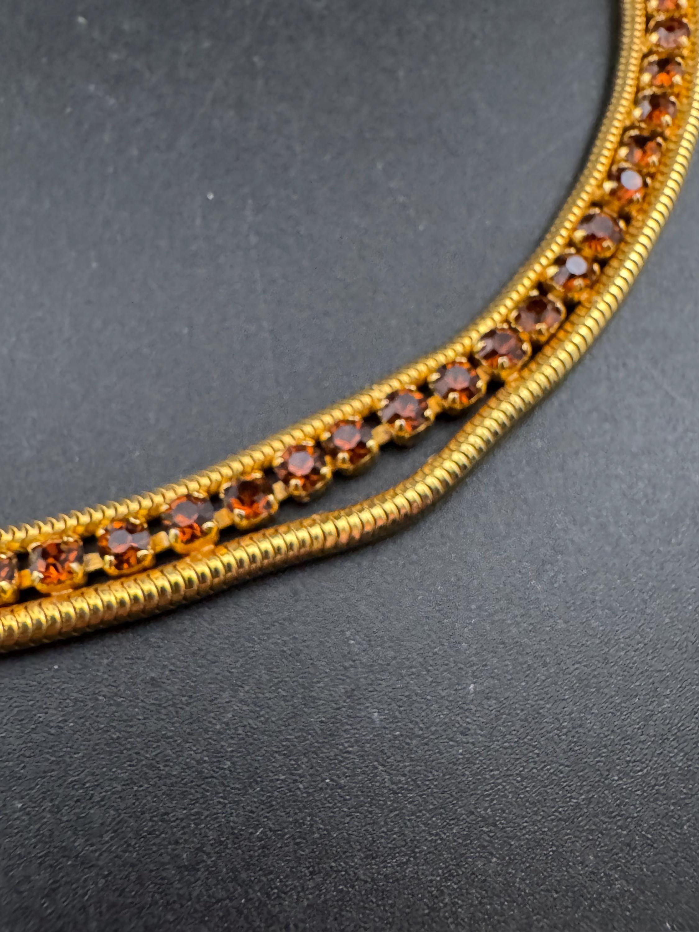 As found cognac glass brown diamante woven choker necklace, Vintage mid century gold plated