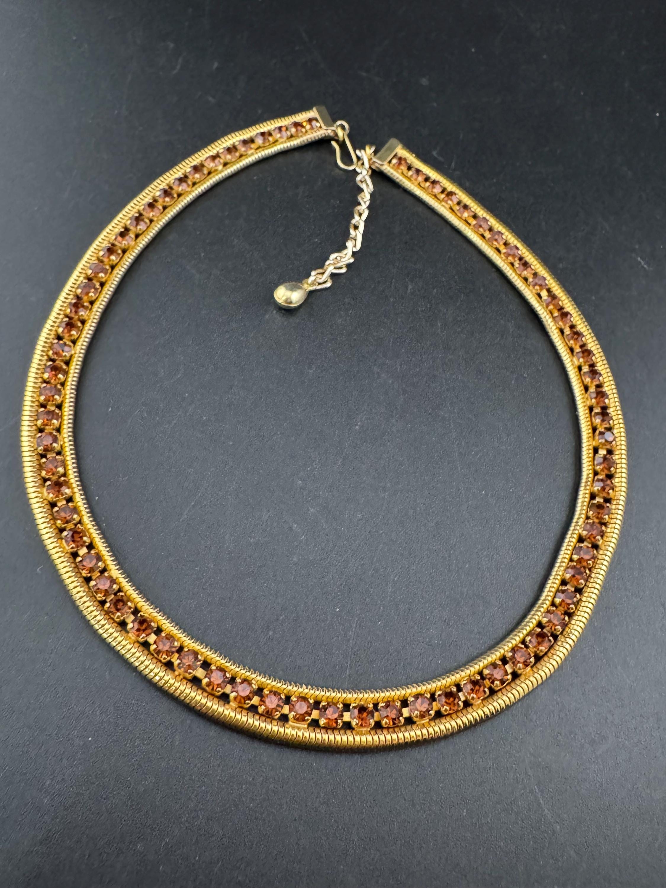 As found cognac glass brown diamante woven choker necklace, Vintage mid century gold plated