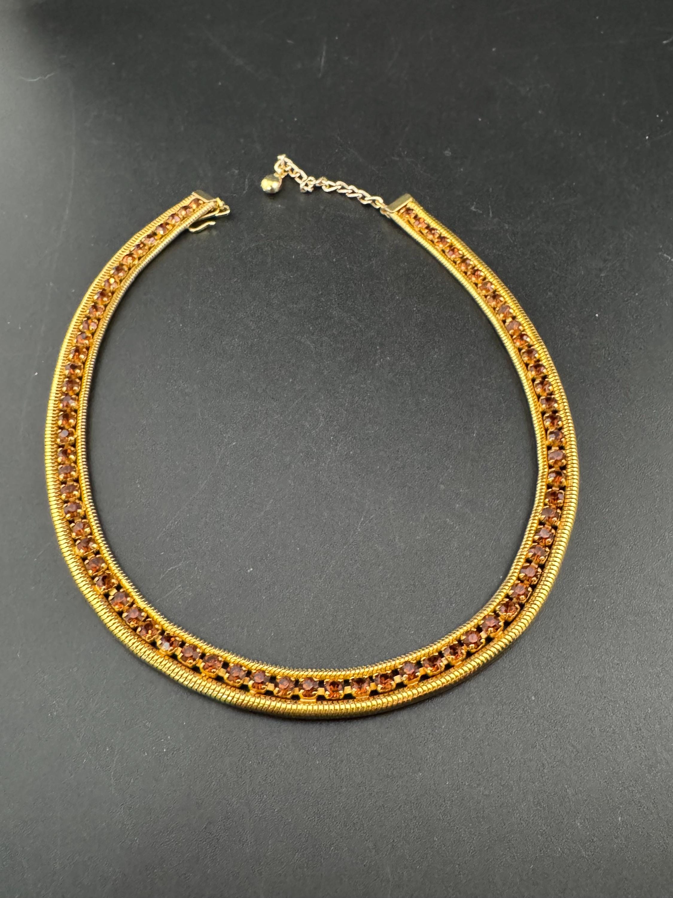 As found cognac glass brown diamante woven choker necklace, Vintage mid century gold plated
