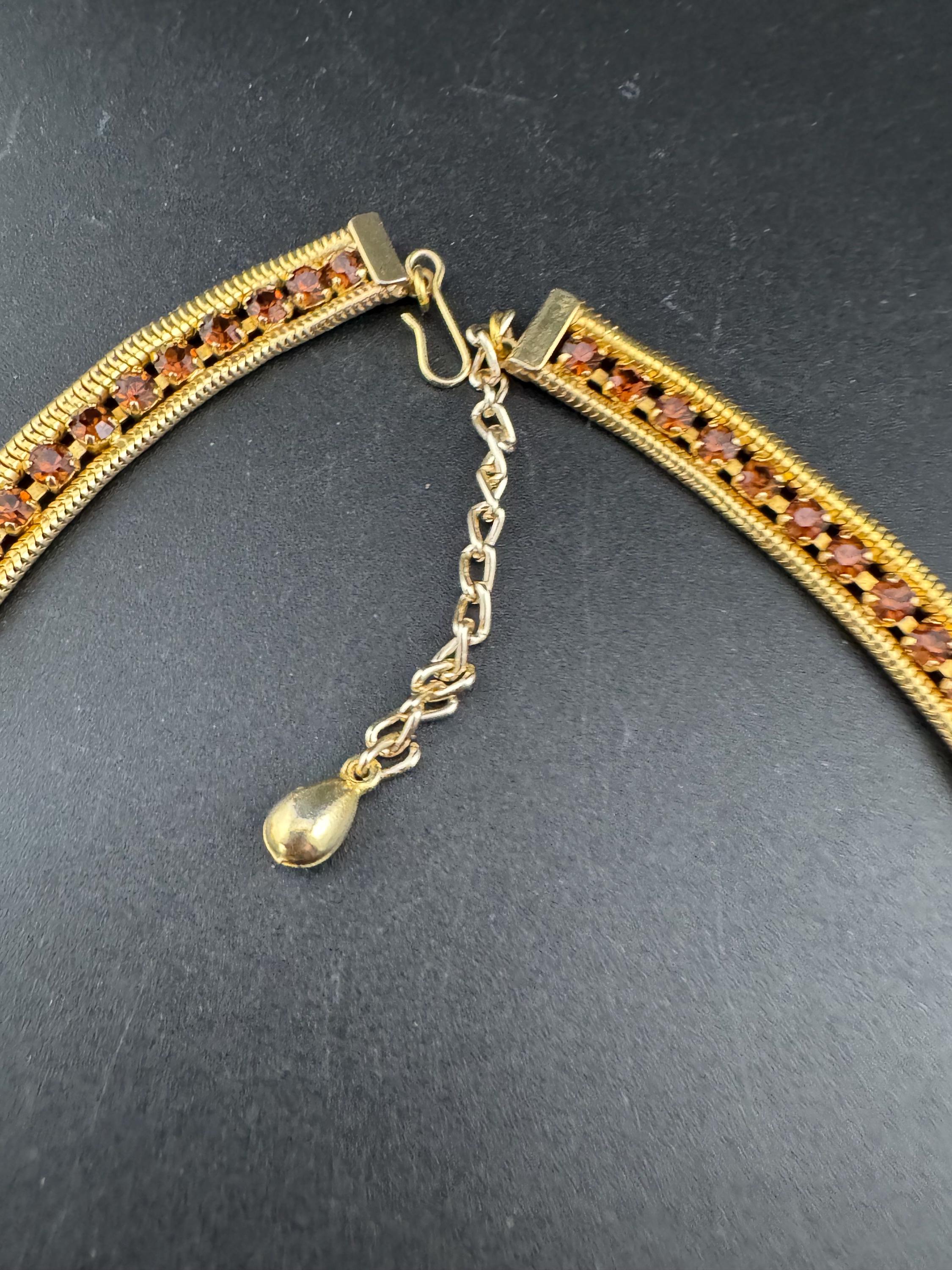 As found cognac glass brown diamante woven choker necklace, Vintage mid century gold plated
