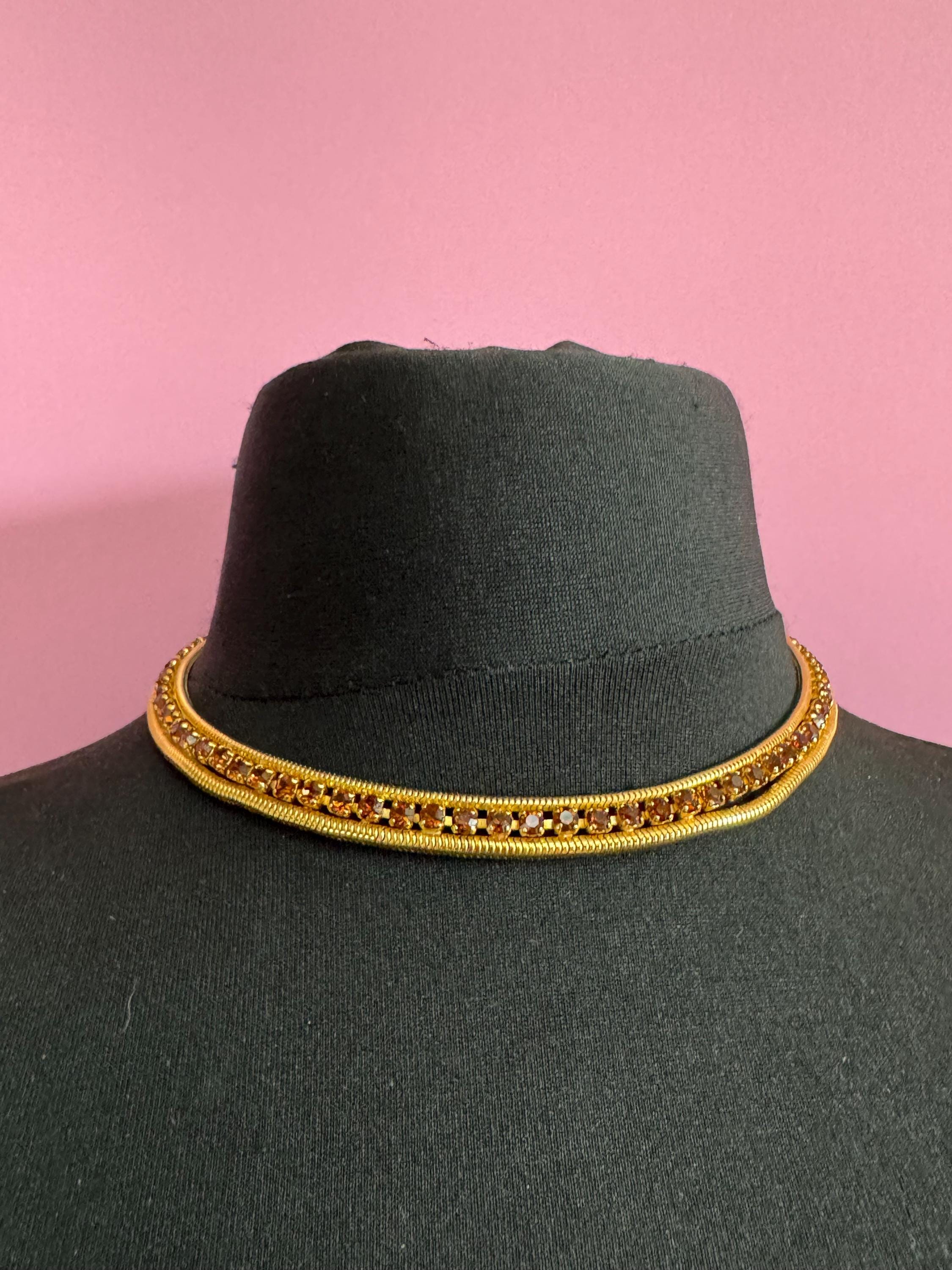 As found cognac glass brown diamante woven choker necklace, Vintage mid century gold plated