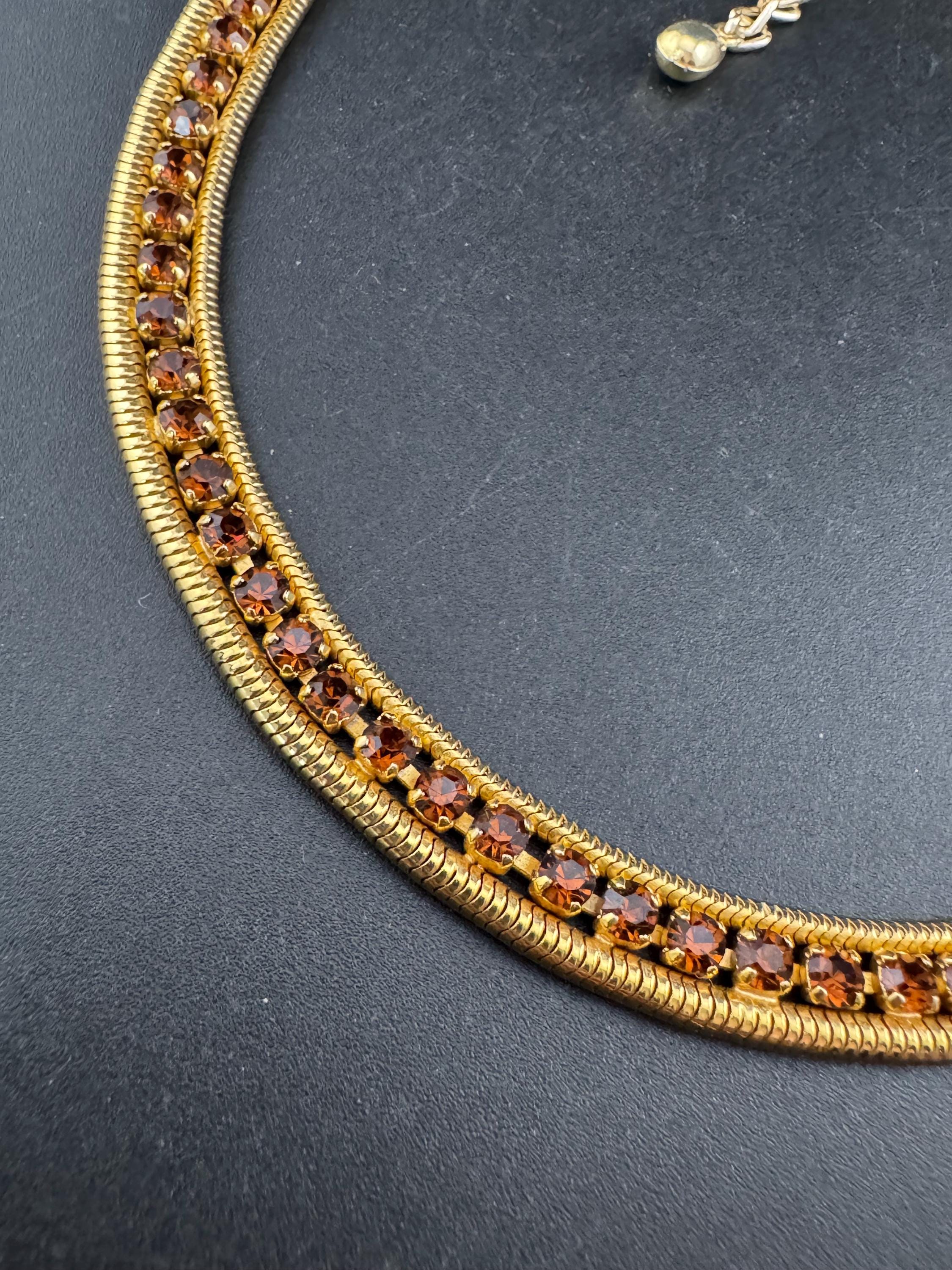 As found cognac glass brown diamante woven choker necklace, Vintage mid century gold plated