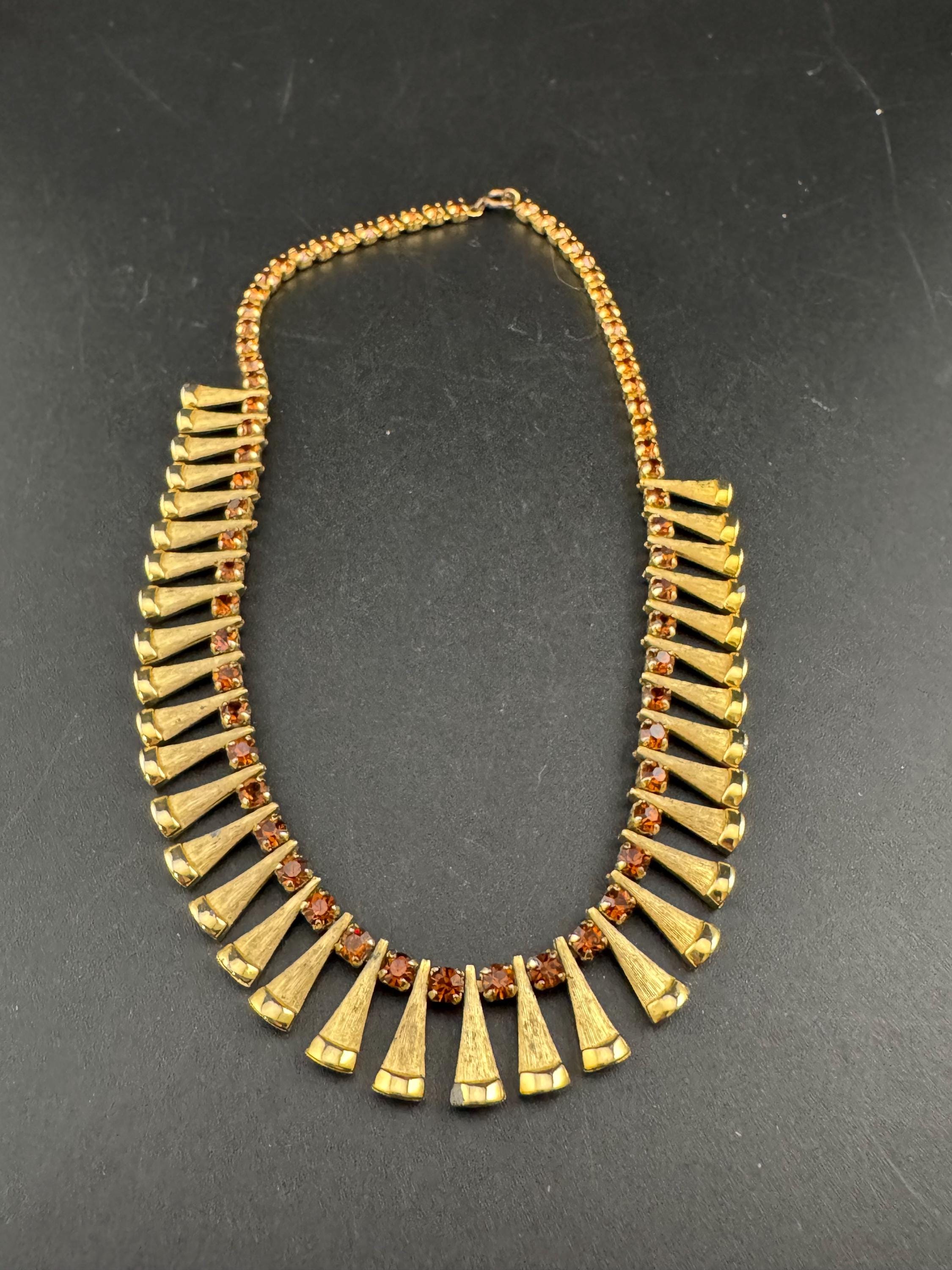 Petite fit, slim neck 35.5cm Brown cognac glass diamanté wide mesh choker necklace Vintage