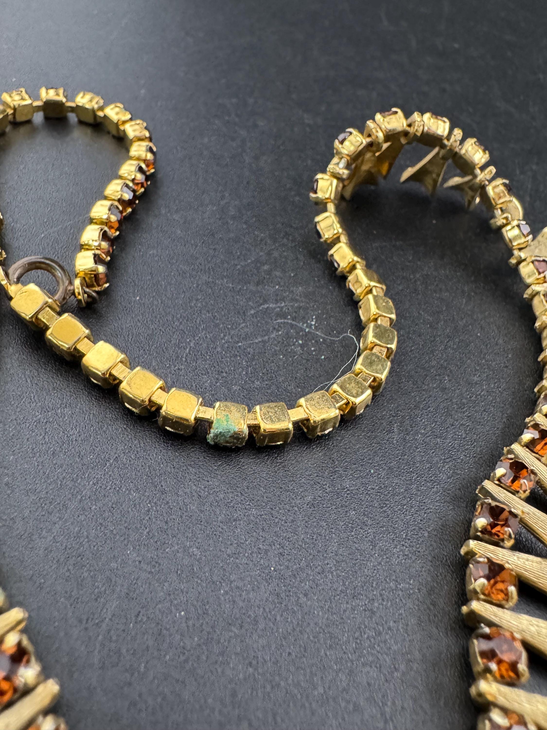 Petite fit, slim neck 35.5cm Brown cognac glass diamanté wide mesh choker necklace Vintage