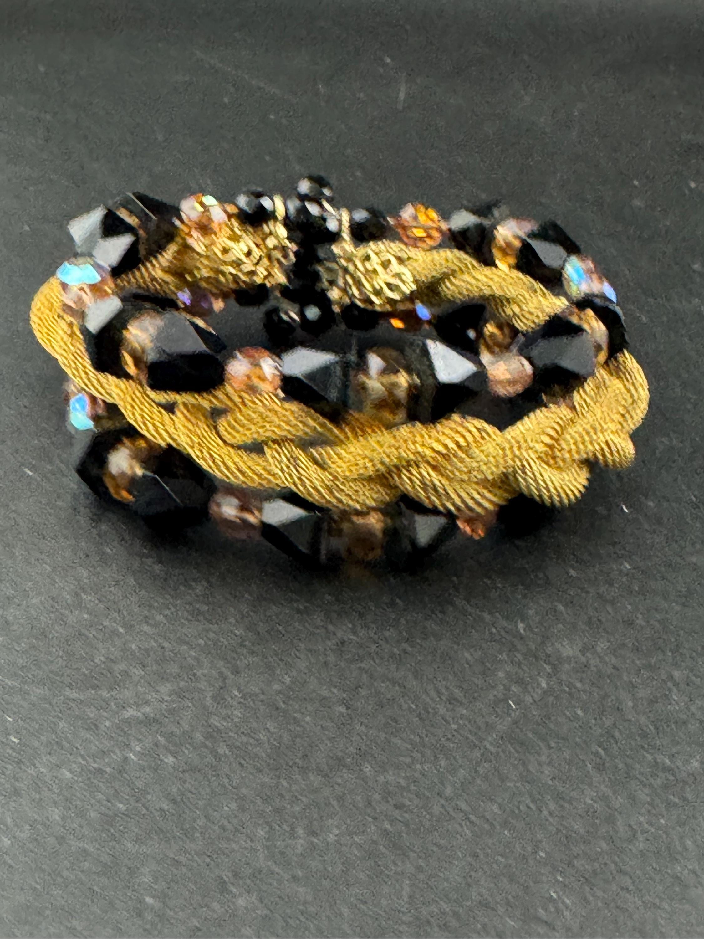 Vintage black and brown AB glass crystal rhinestone wide Gold Tone mesh cocktail tassel bracelet
