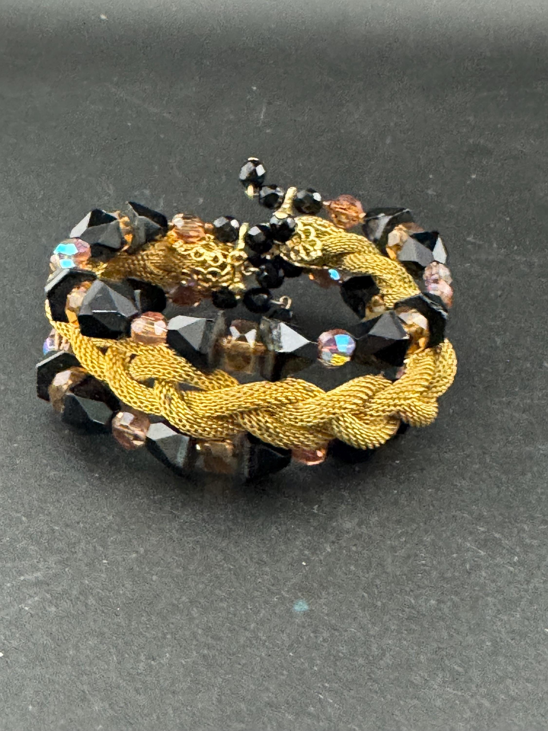 Vintage black and brown AB glass crystal rhinestone wide Gold Tone mesh cocktail tassel bracelet