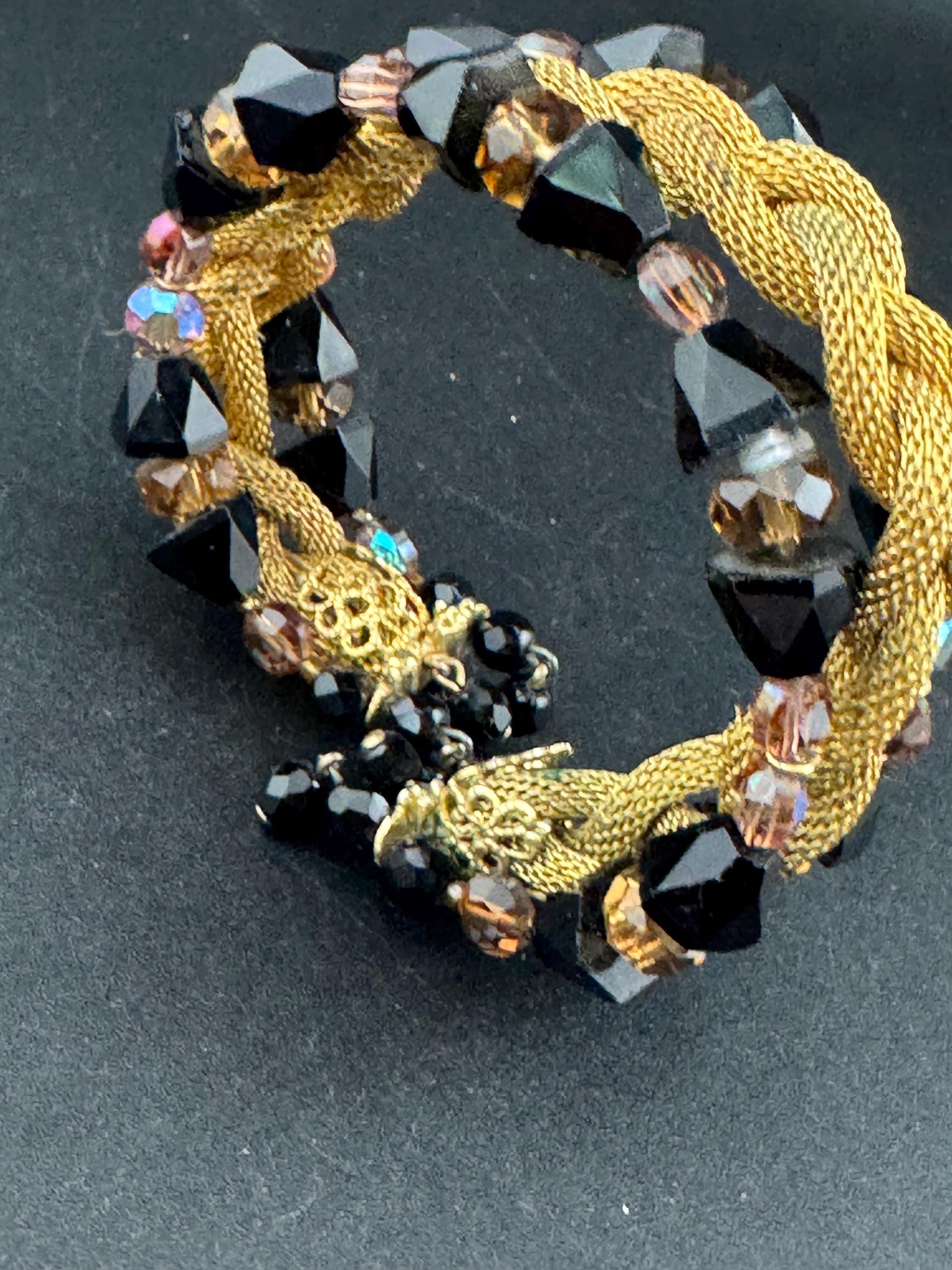 Vintage black and brown AB glass crystal rhinestone wide Gold Tone mesh cocktail tassel bracelet