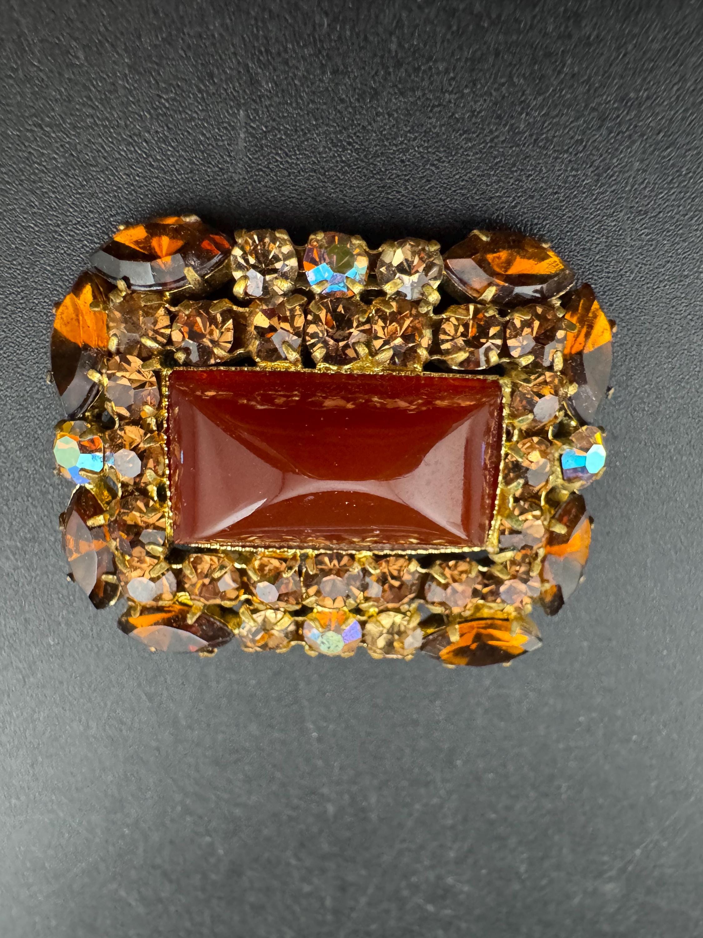 vintage orange citrine and brown cognac glass brooch 1950s