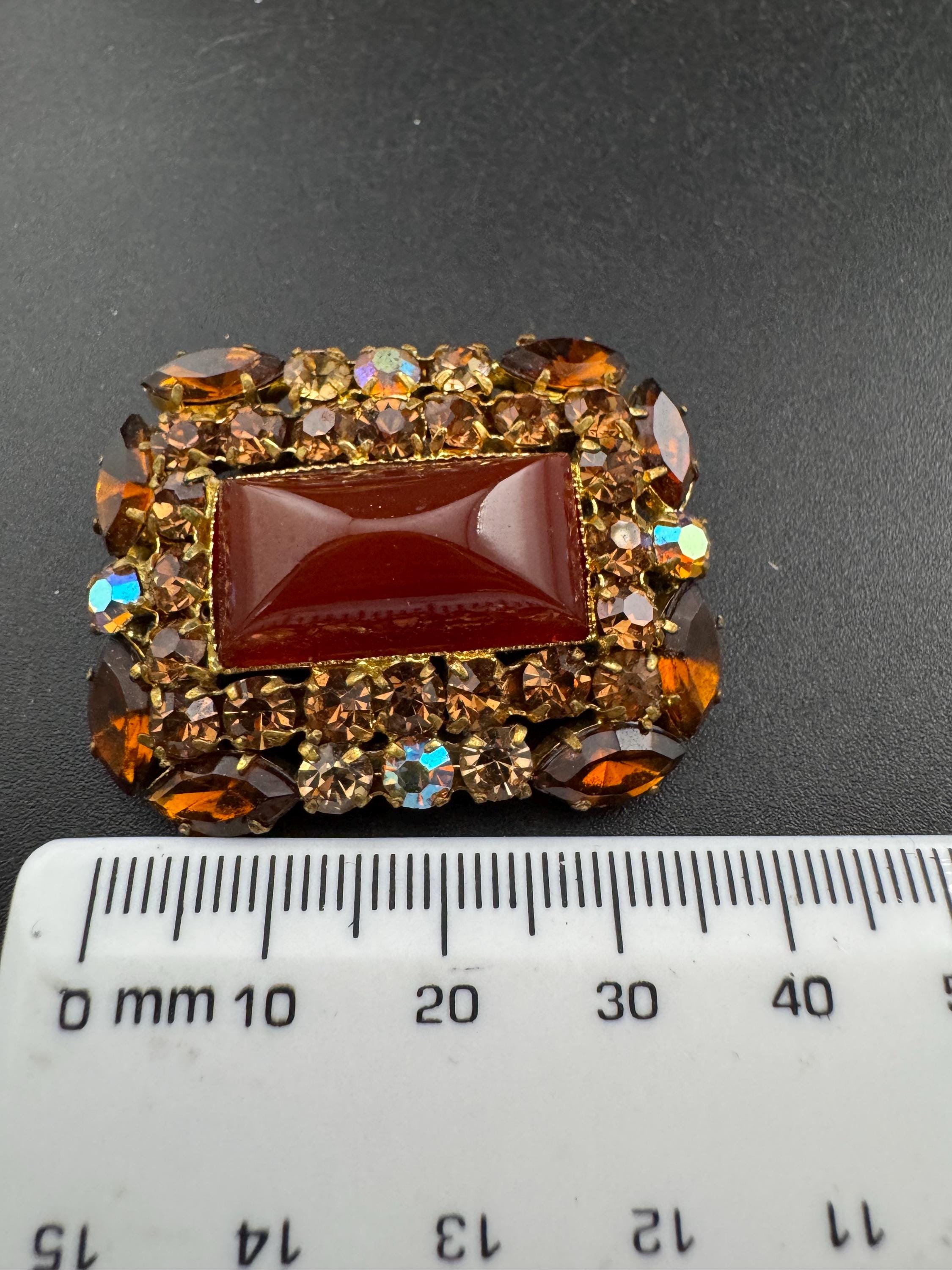 vintage orange citrine and brown cognac glass brooch 1950s
